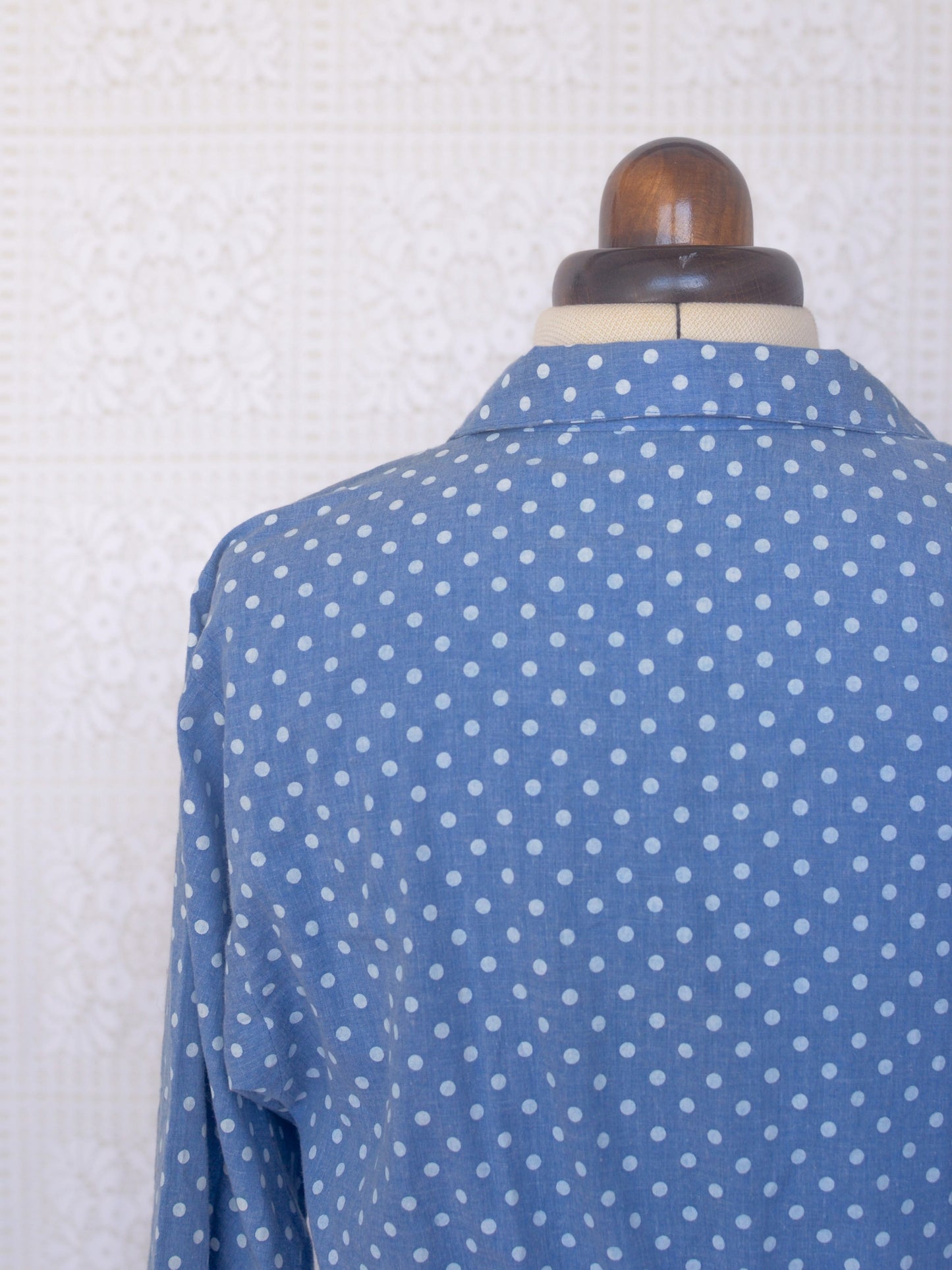 1980s style light blue chambray polkadot cotton fitted shirt dress