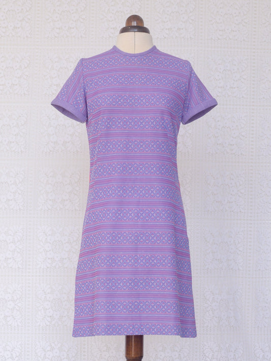 1960s purple and pink stripe geometric pattern midi shift dress