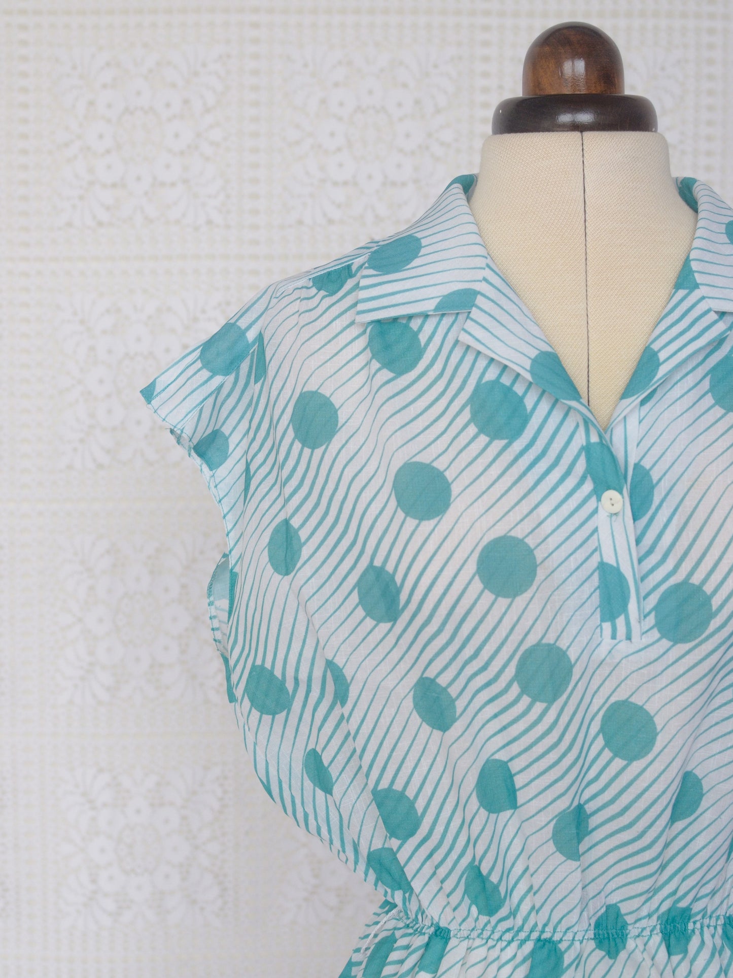 1980s white and turquoise polkadot and stripe short sleeve mini dress