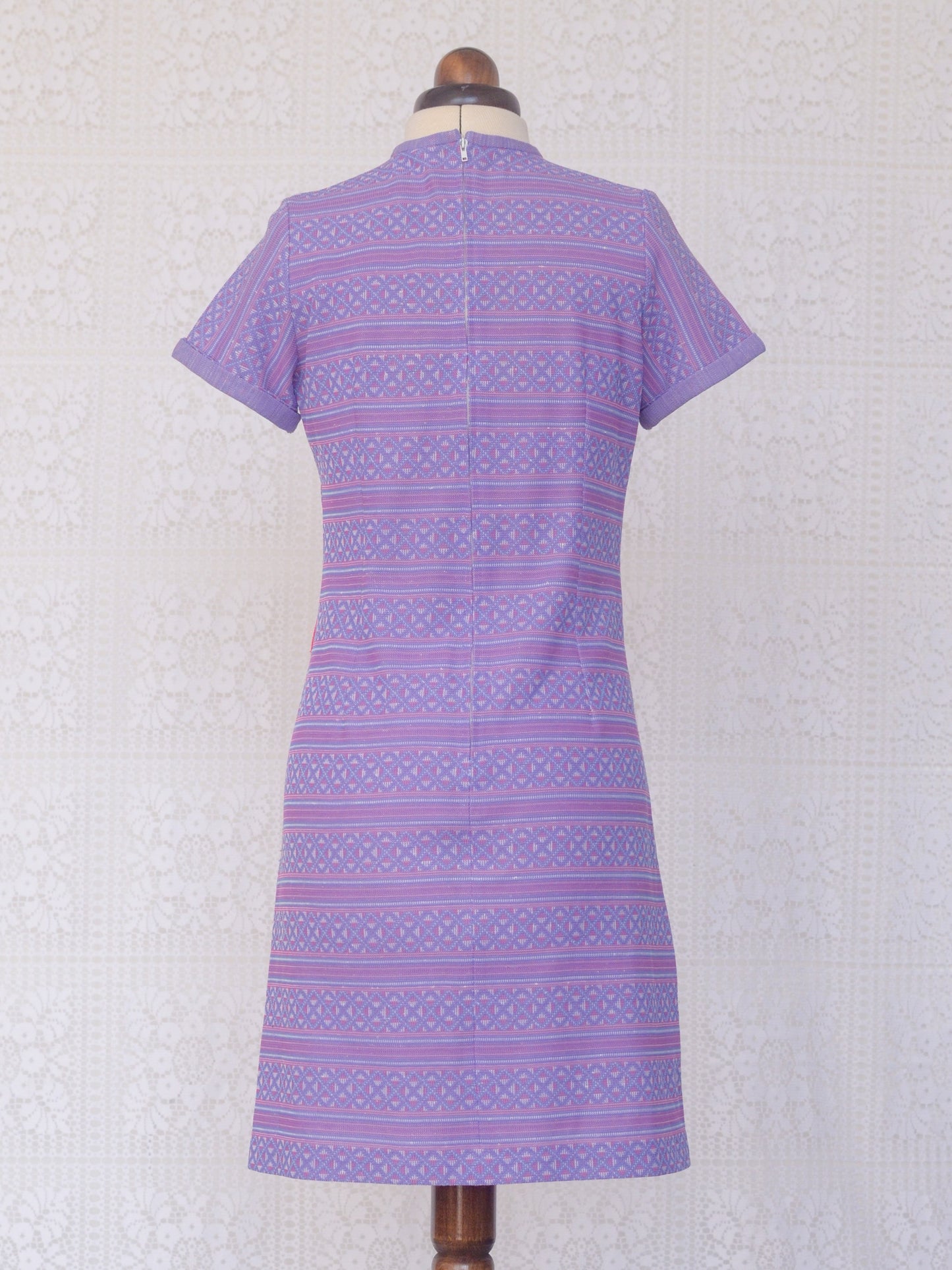 1960s purple and pink stripe geometric pattern midi shift dress
