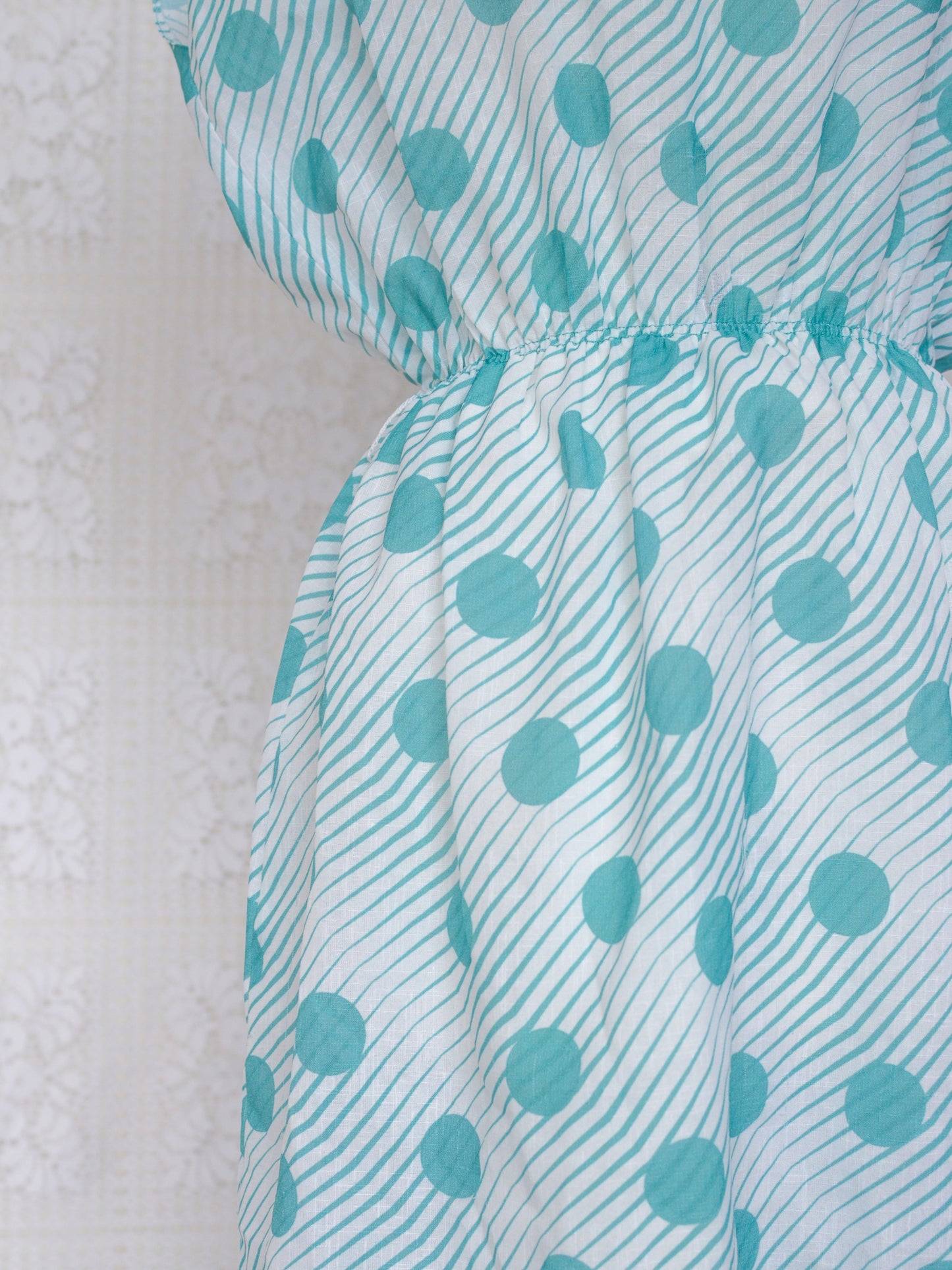 1980s white and turquoise polkadot and stripe short sleeve mini dress