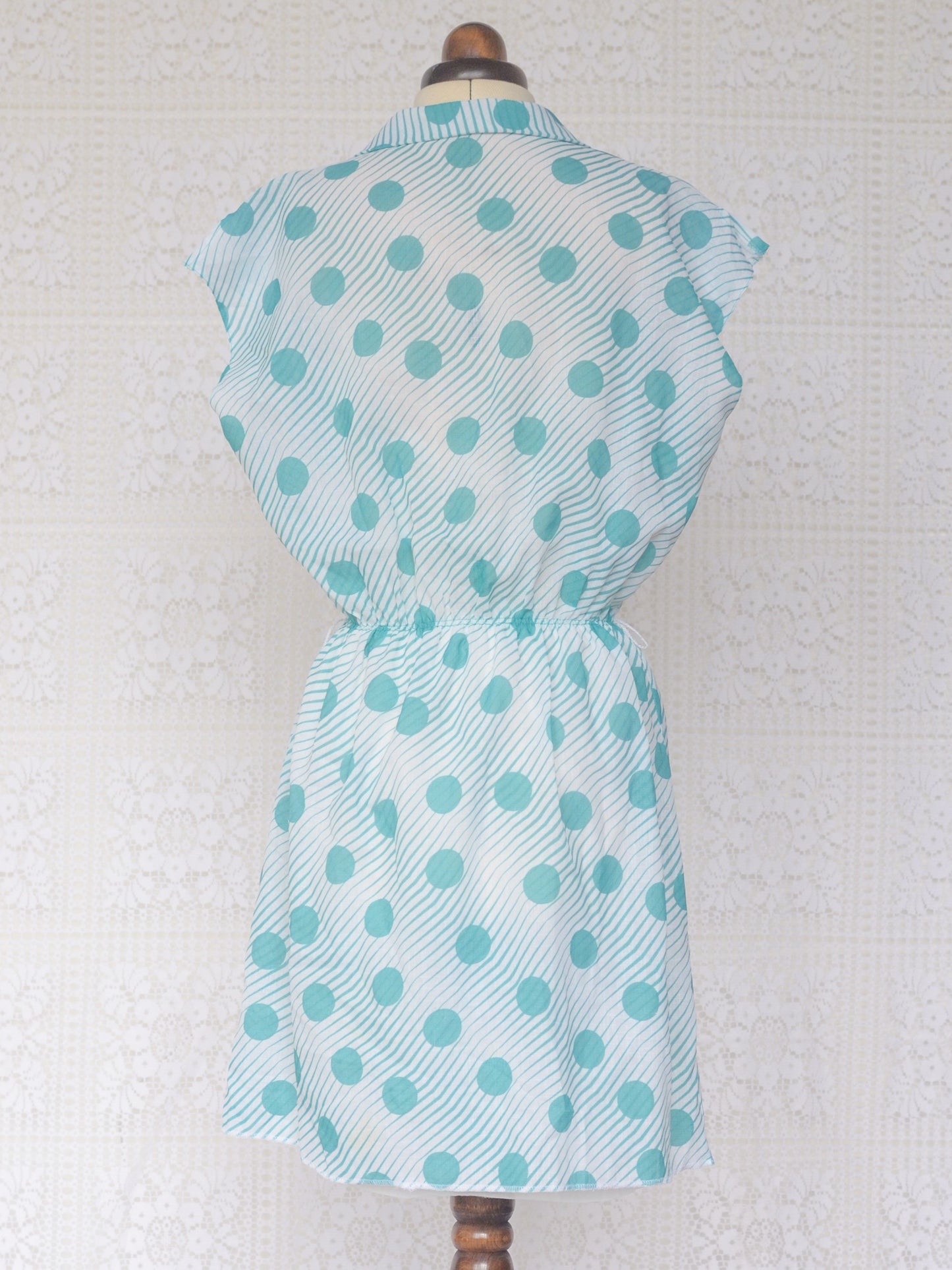 1980s white and turquoise polkadot and stripe short sleeve mini dress