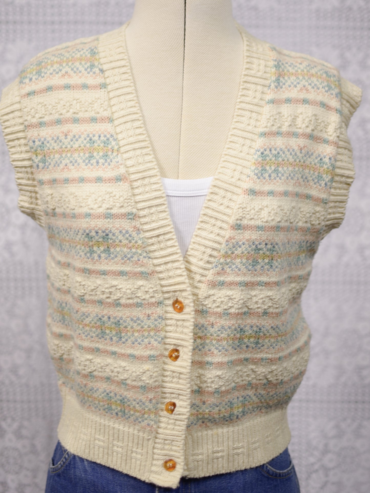 1990s BHS cream, pink and blue nordic fairisle style pattern knitted waistcoat