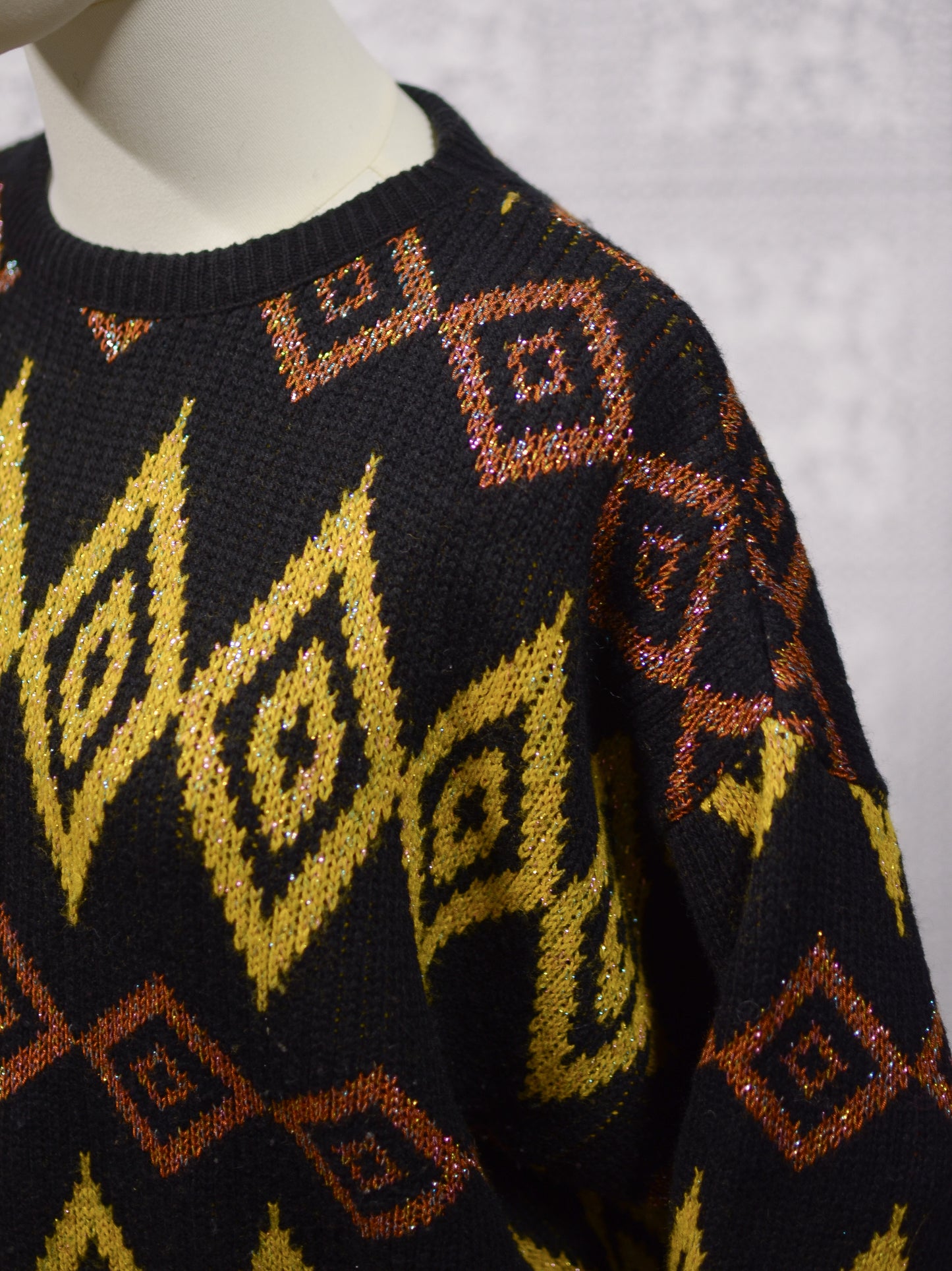1980s black, yellow and brown sparkly geometric pattern jumper