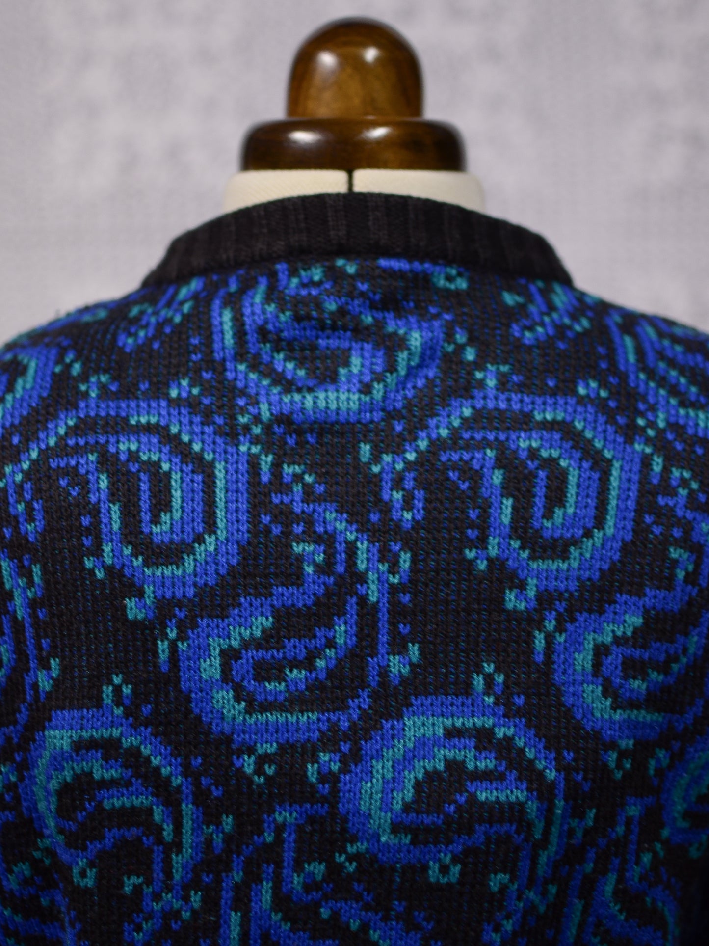 1980s St Michael black, blue and green paisley pattern button-through crew neck cardigan