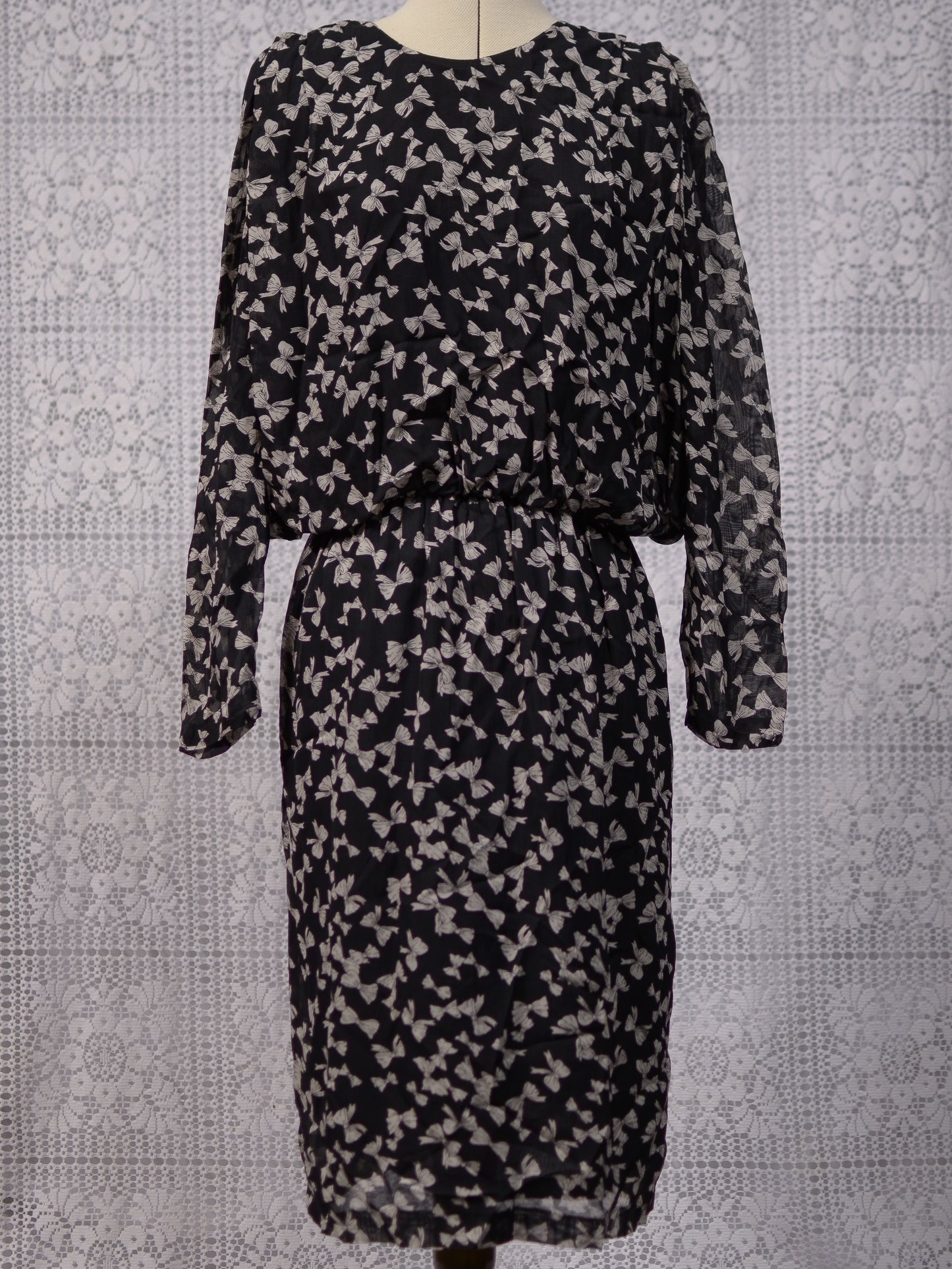 1980s black and white bow print blouson midi party dress