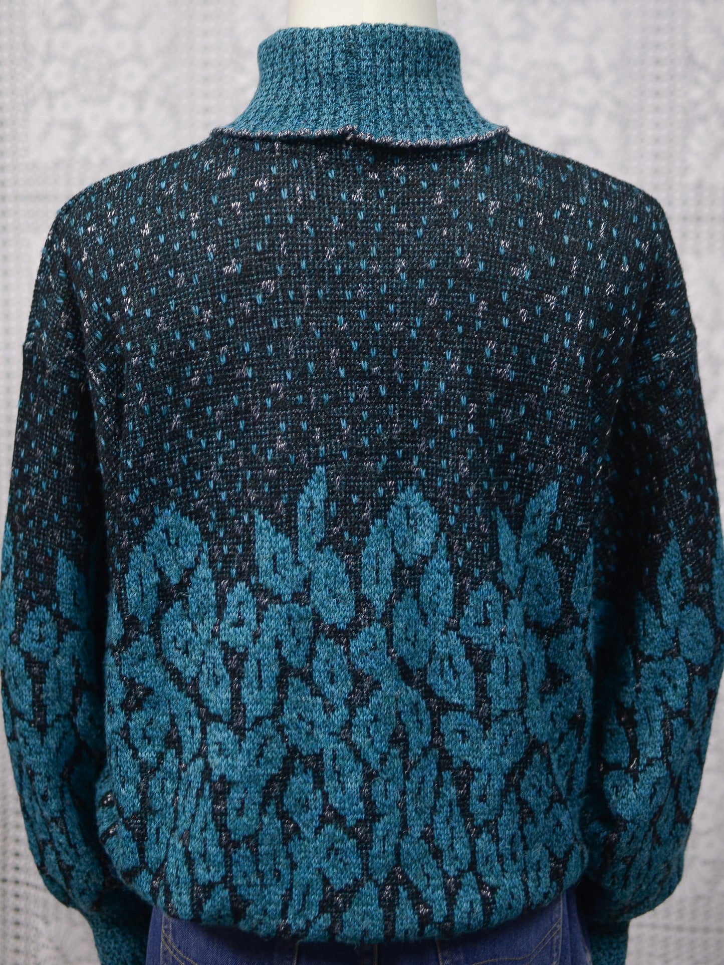 1980s teal, black and silver roll neck batwing jumper