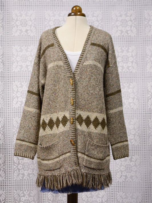 Y2K brown, cream and colourful flecked wool blend long tassled cardigan