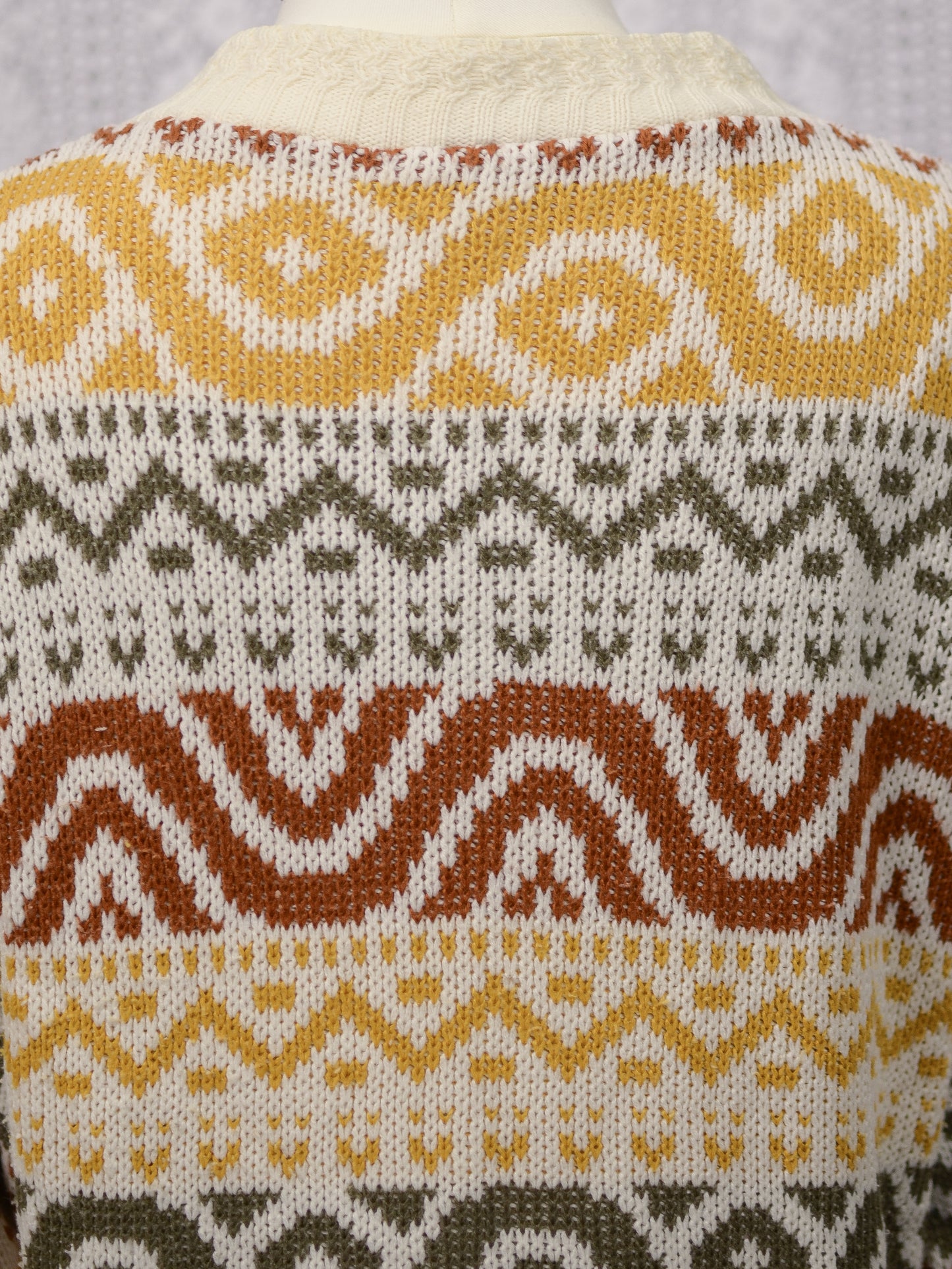 1980s Honeybells brown, green, mustard yellow and cream geometric pattern long cardigan