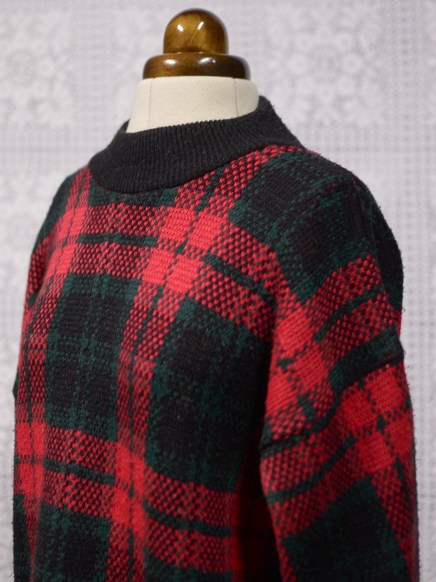 1980s C&A red, green and black tartan checked jumper