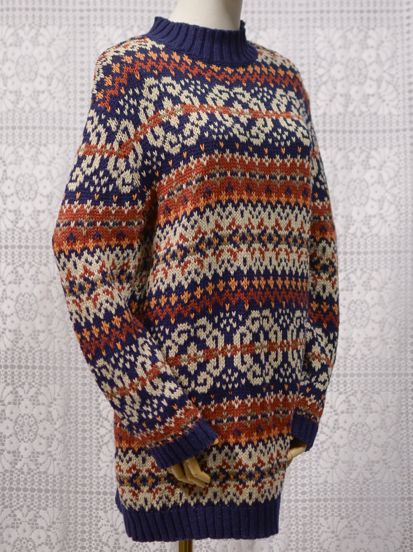 Y2K Etam navy blue and brown cotton ramie long chunky jumper