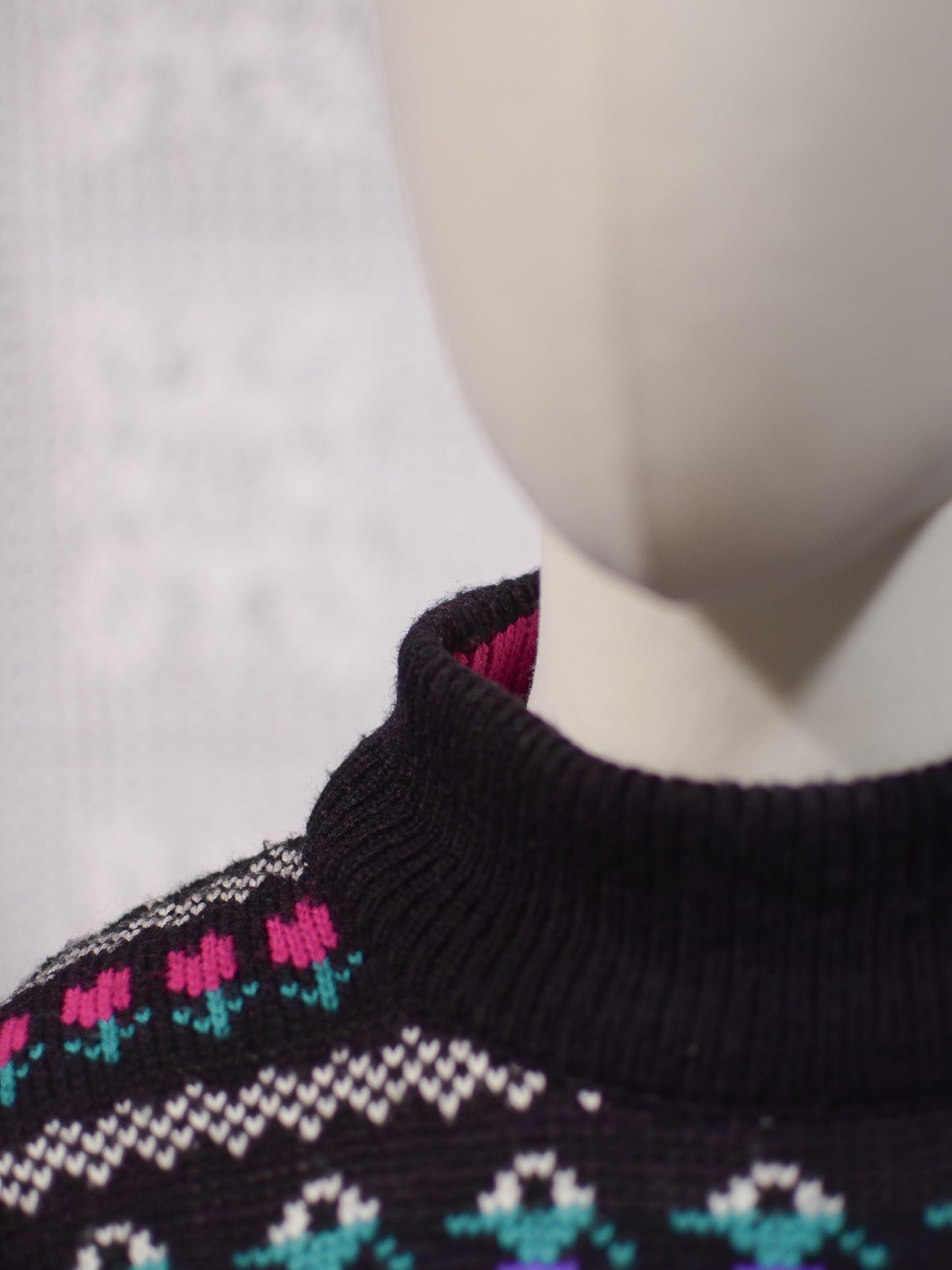 1980s black, purple and pink striped folk pattern jumper