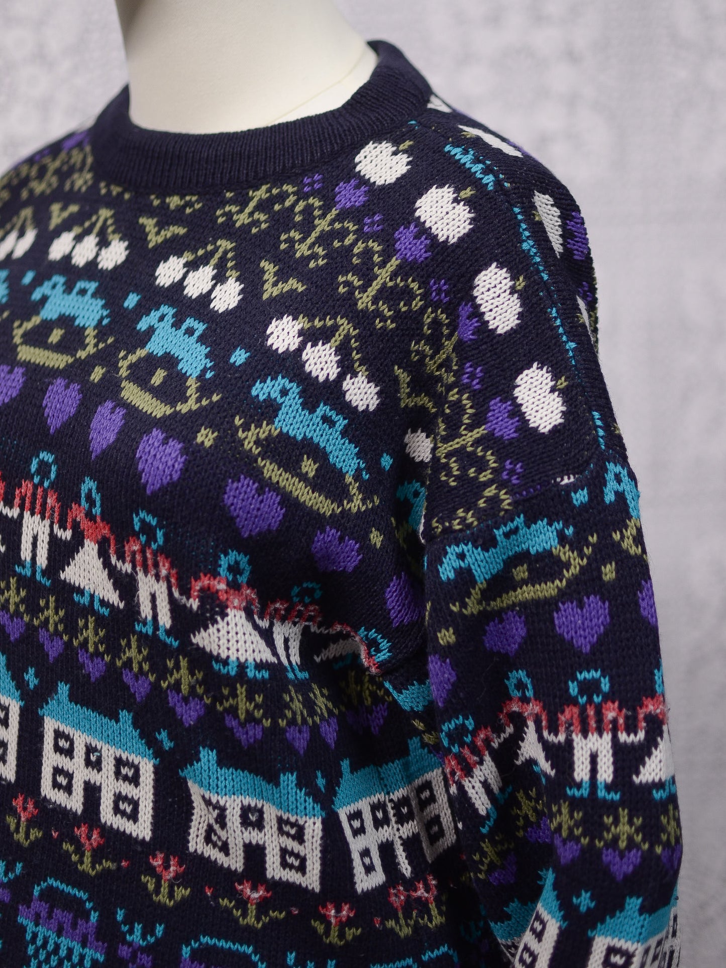 1980s navy blue, purple and blue novelty folk pattern jumper