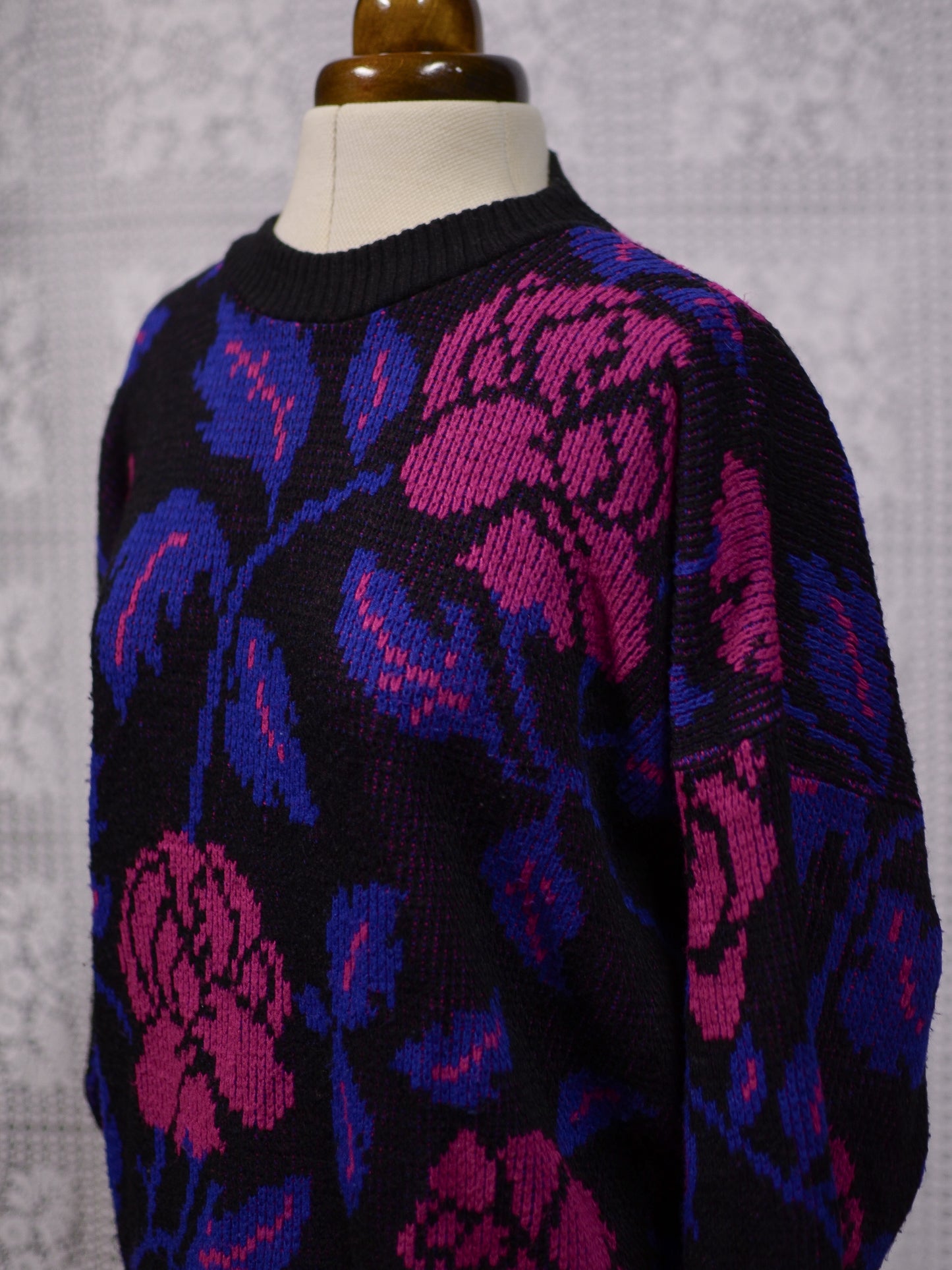 1980s black, purple and pink rose floral print batwing jumper