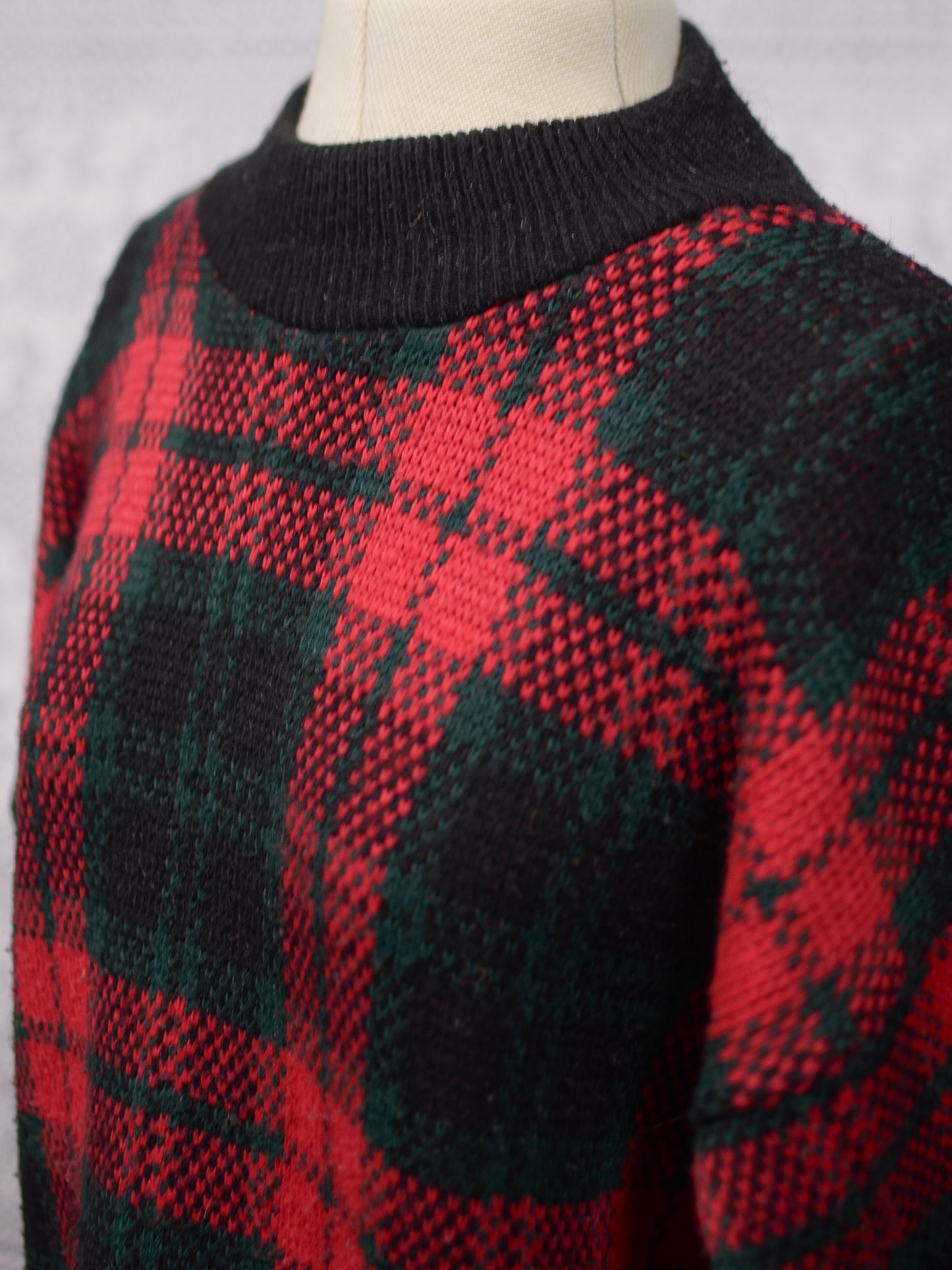 1980s C&A red, green and black tartan checked jumper