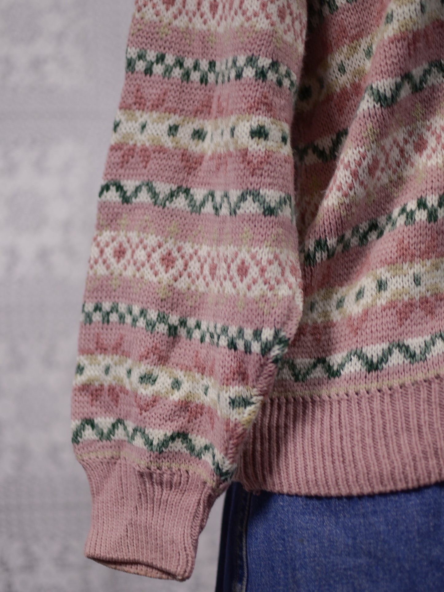 1980s pink and green fairisle style snowflake nordic cardigan