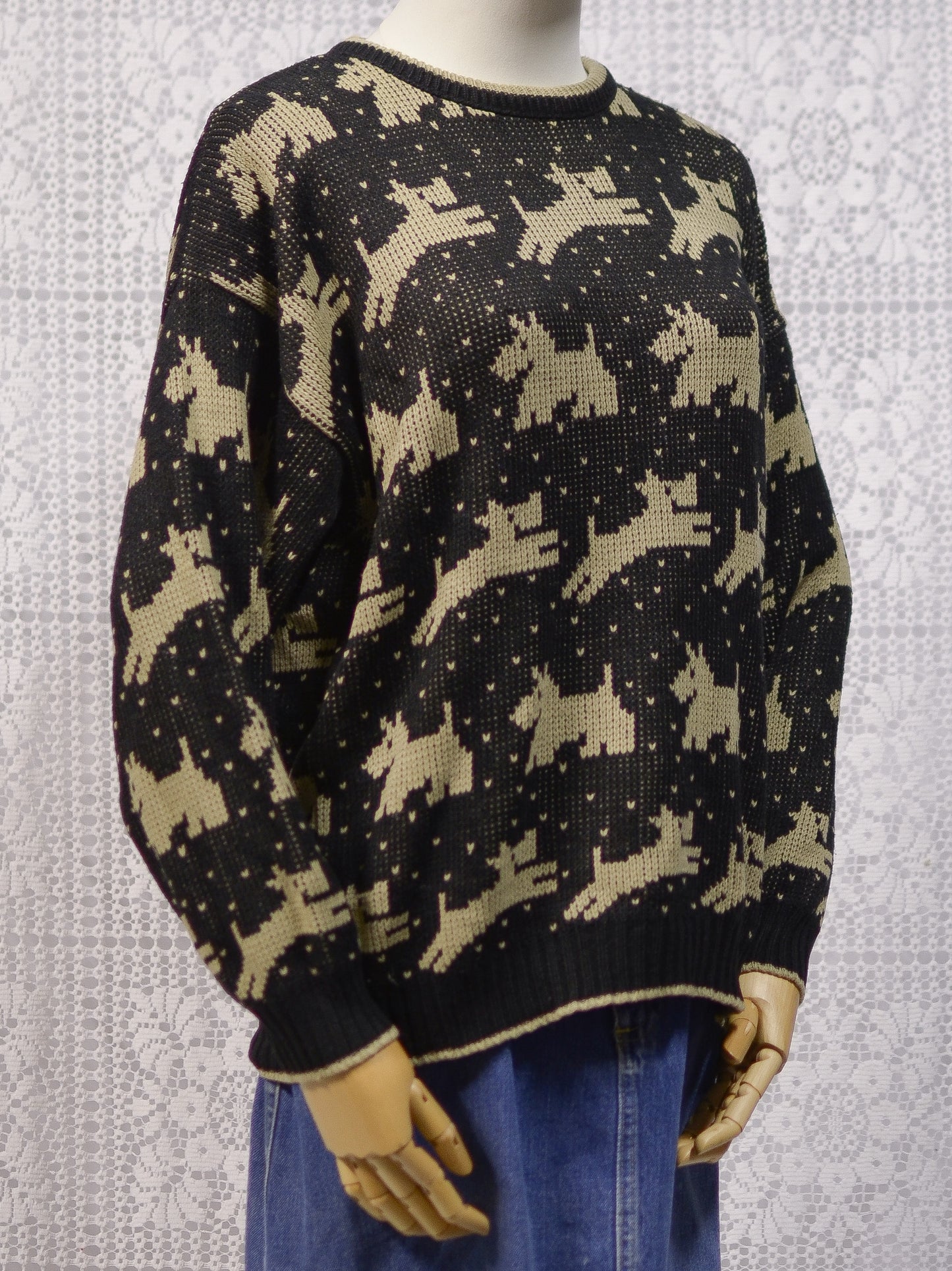 1980s black and brown scottie dog pattern novelty jumper