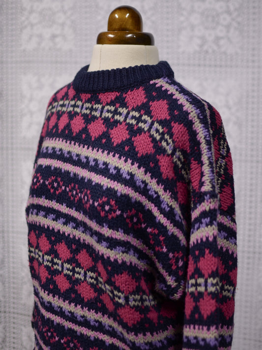 1990s Classics navy blue, pink and purple chunky striped pattern jumper