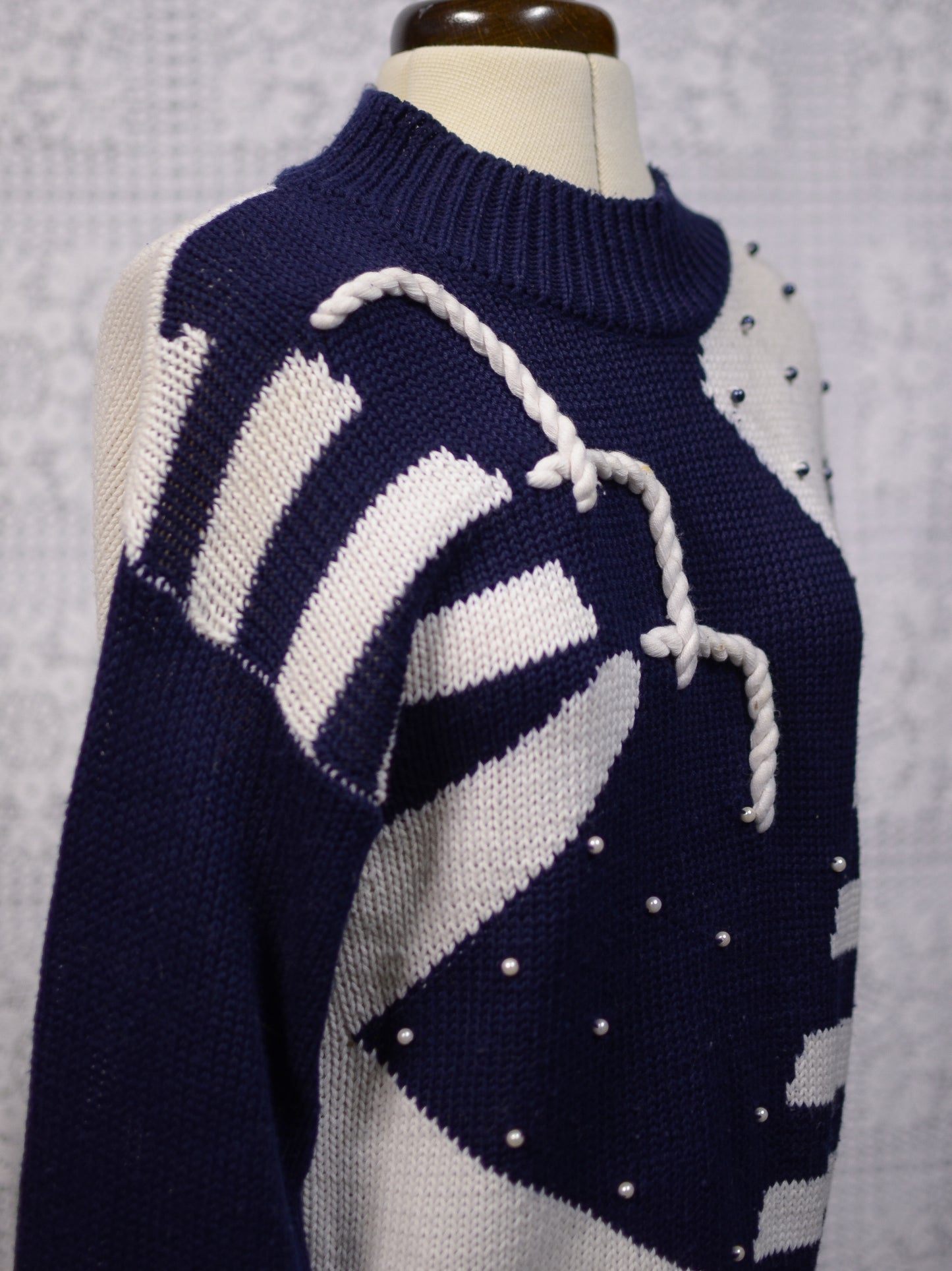 1980s navy blue and white striped nautical jumper