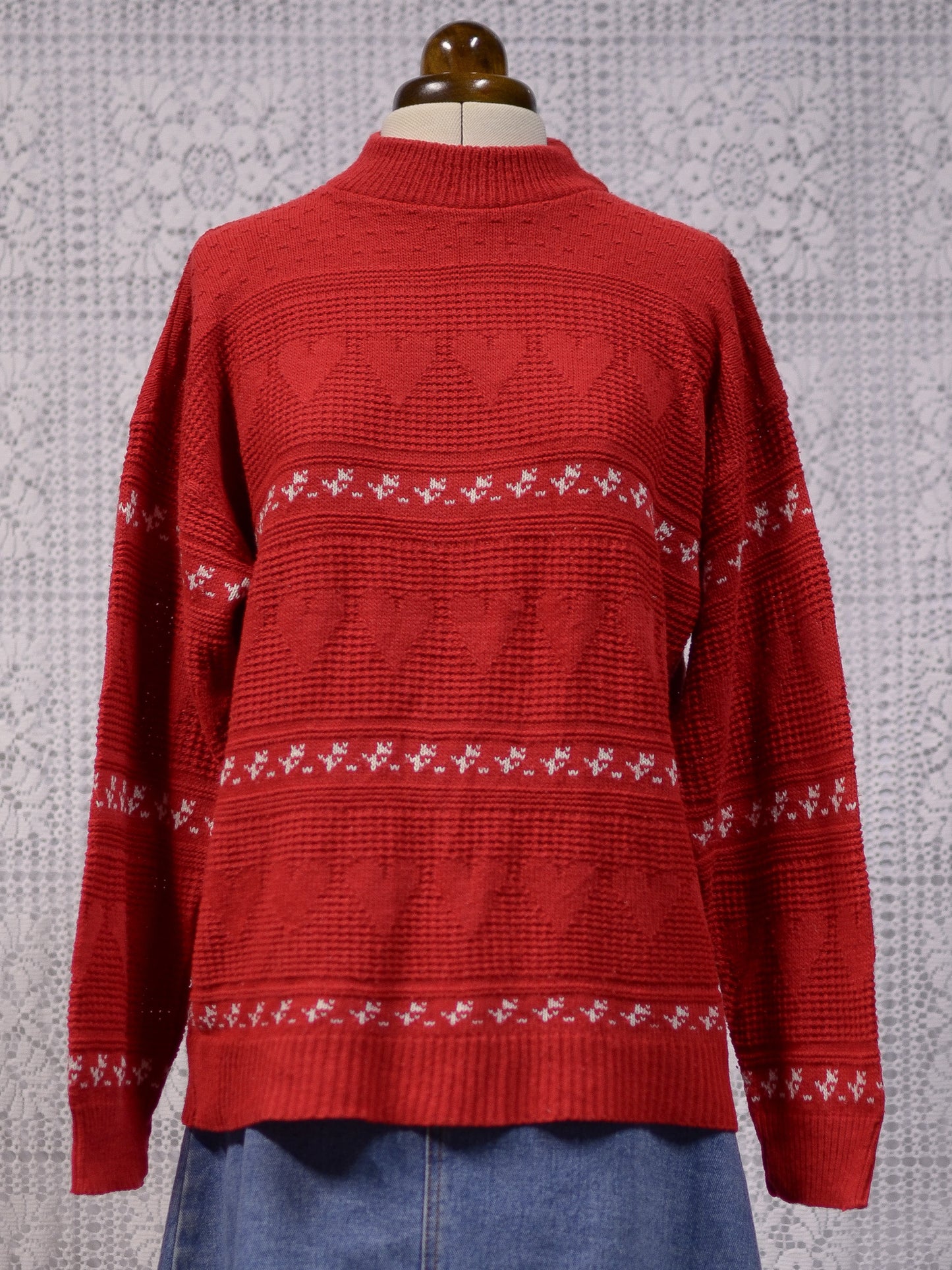 1980s red and white heart print high neck jumper