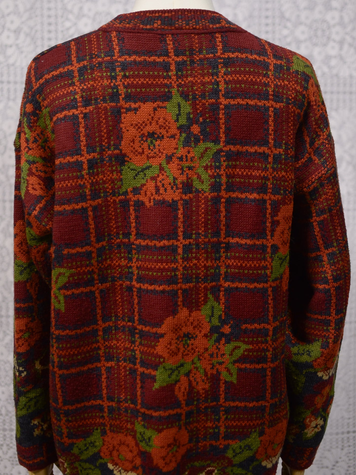 1990s dark red, orange and green tartan and floral print long jumper dress