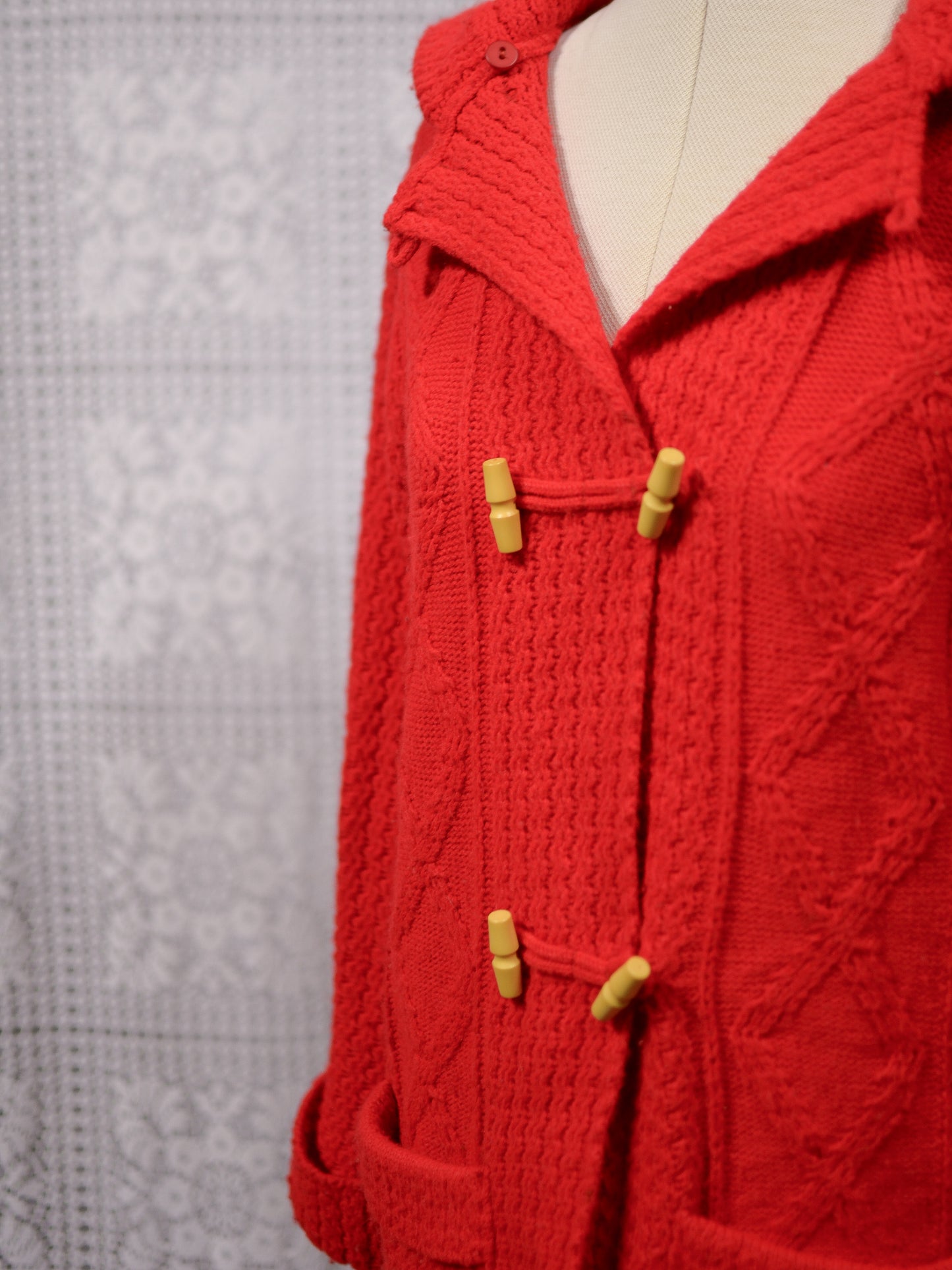 1970s St Michael red cable knit hooded duffle style long cardigan with toggle buttons