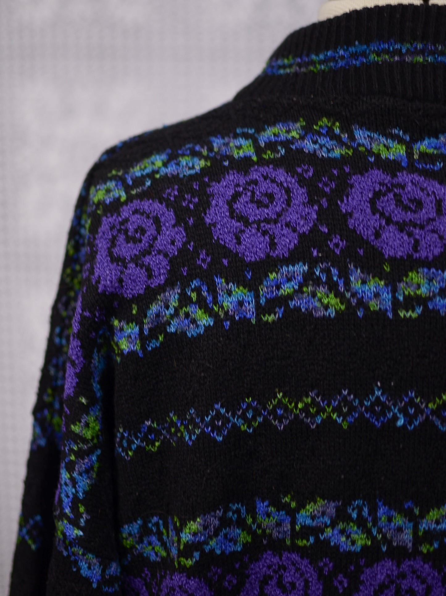 1980s black, purple and green rose floral and leaf pattern striped jumper