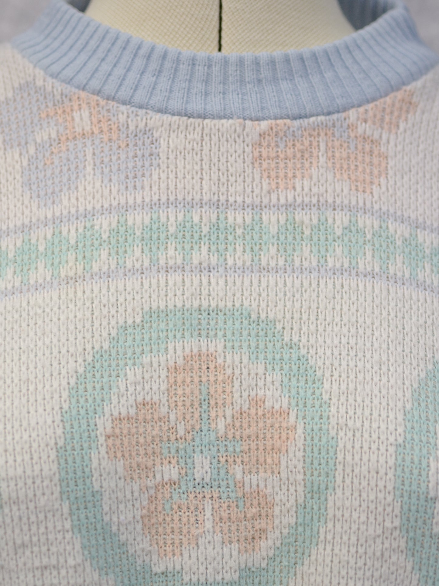 1990s white, blue, green and peach geometric floral jumper