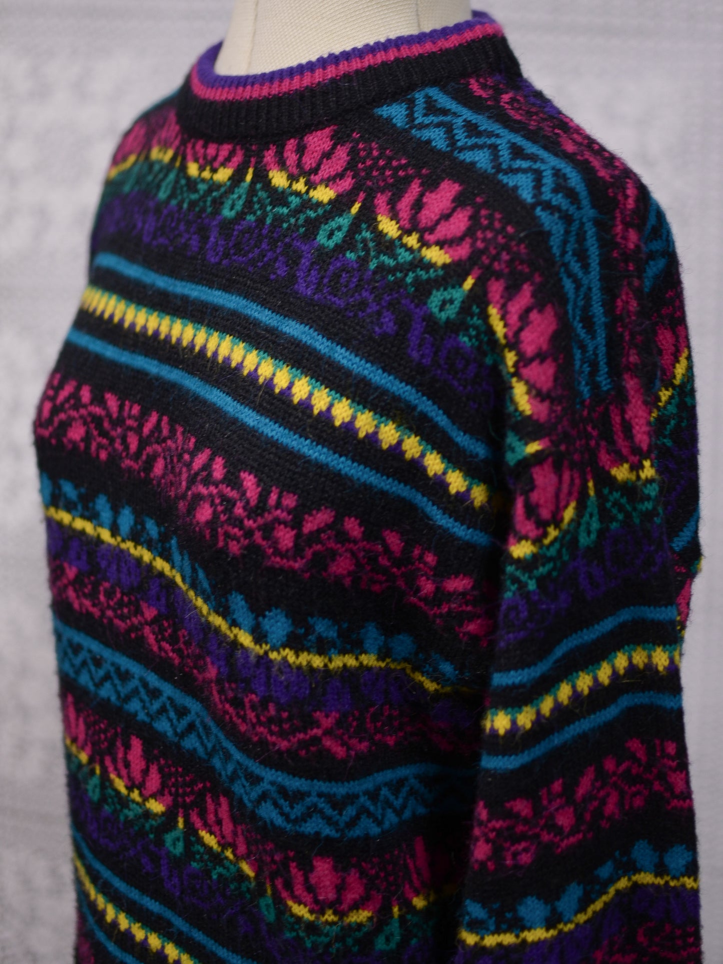 1980s C&A black, pink, yellow, purple and blue colourful floral stripe jumper