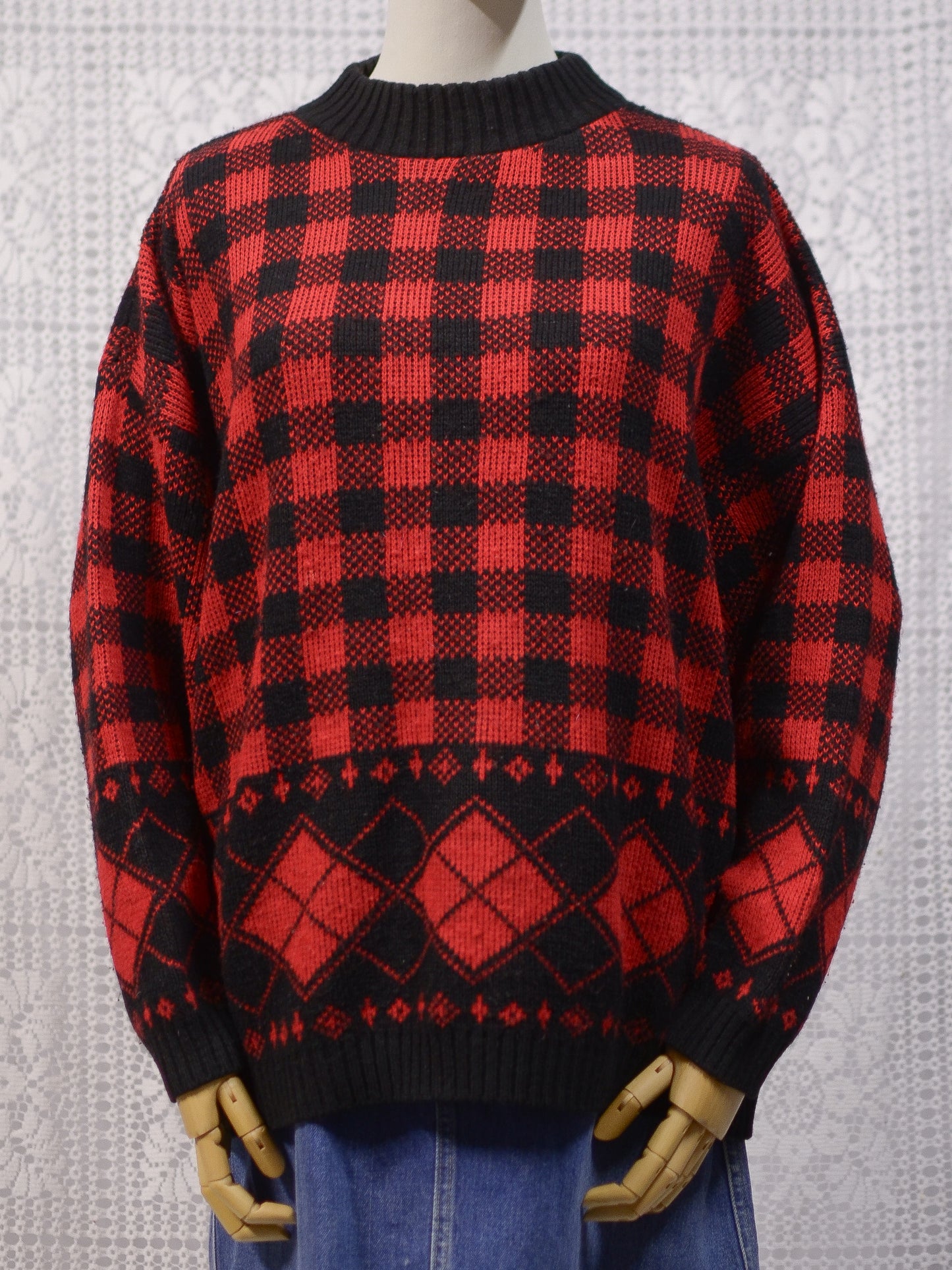 1990s red and black gingham plaid diamond argyle pattern jumper
