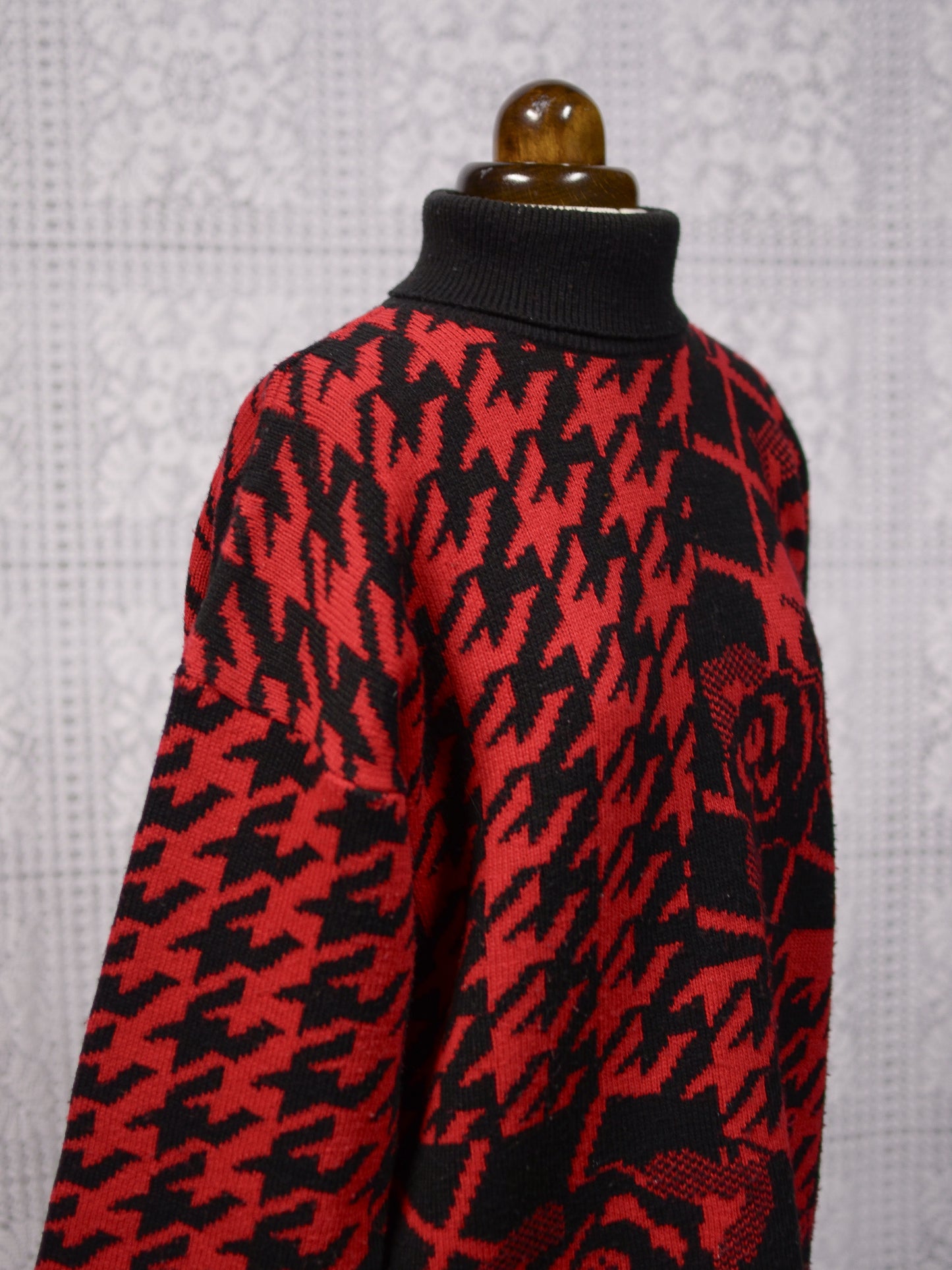 1990s St Michael red and black houndstooth and rose pattern long roll neck jumper