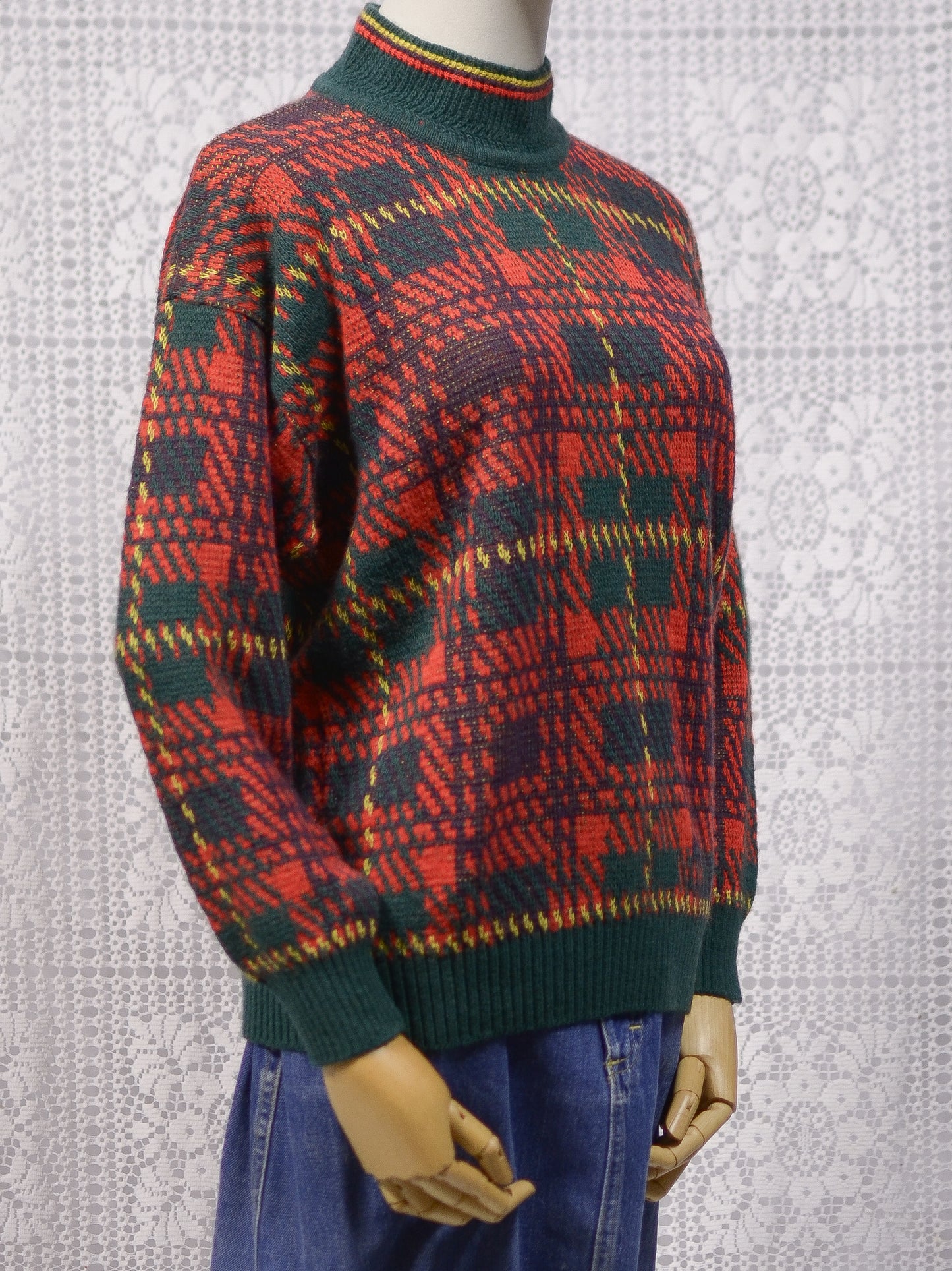 1970s red, green and yellow tartan high neck jumper