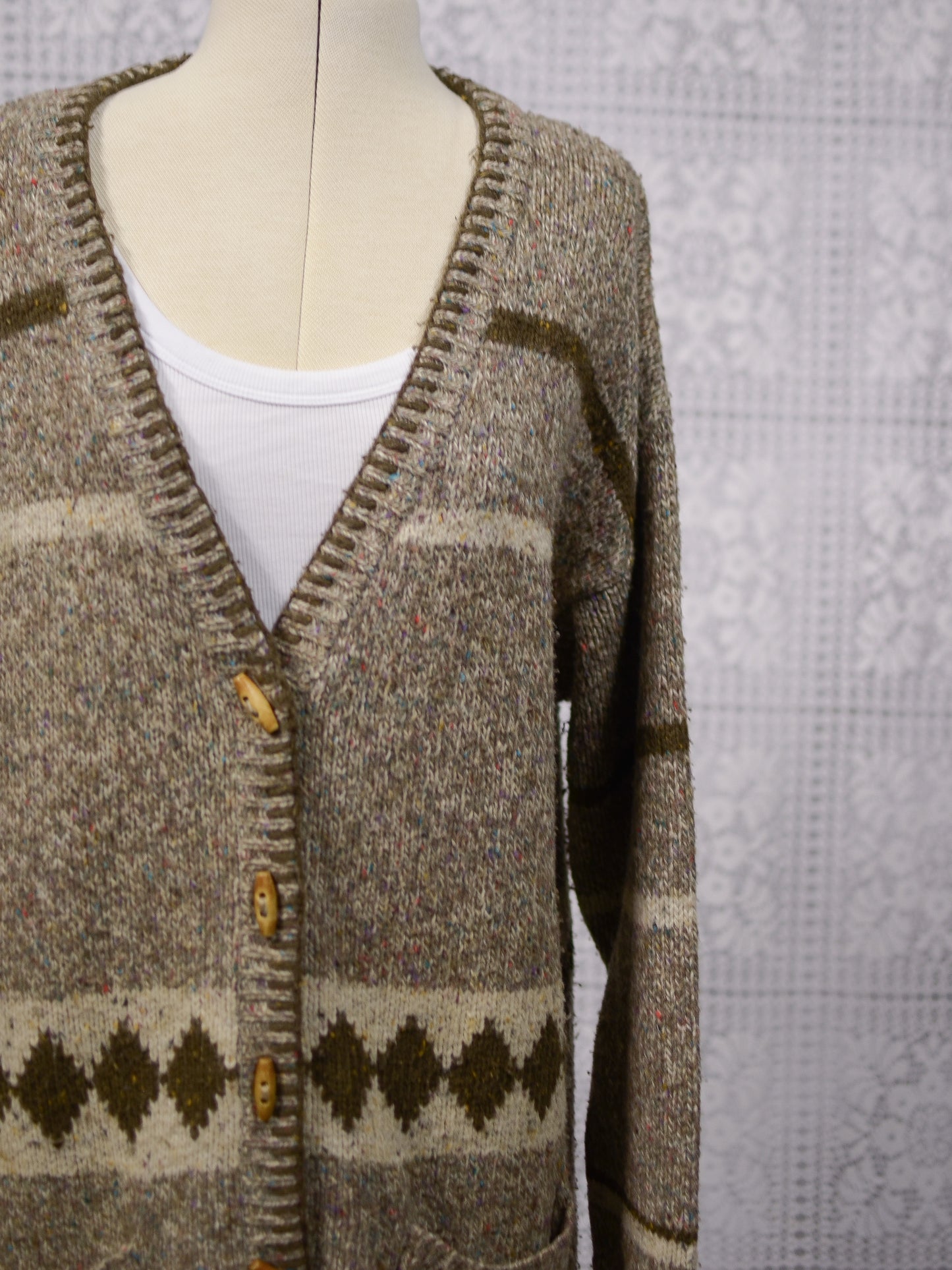 Y2K brown, cream and colourful flecked wool blend long tassled cardigan