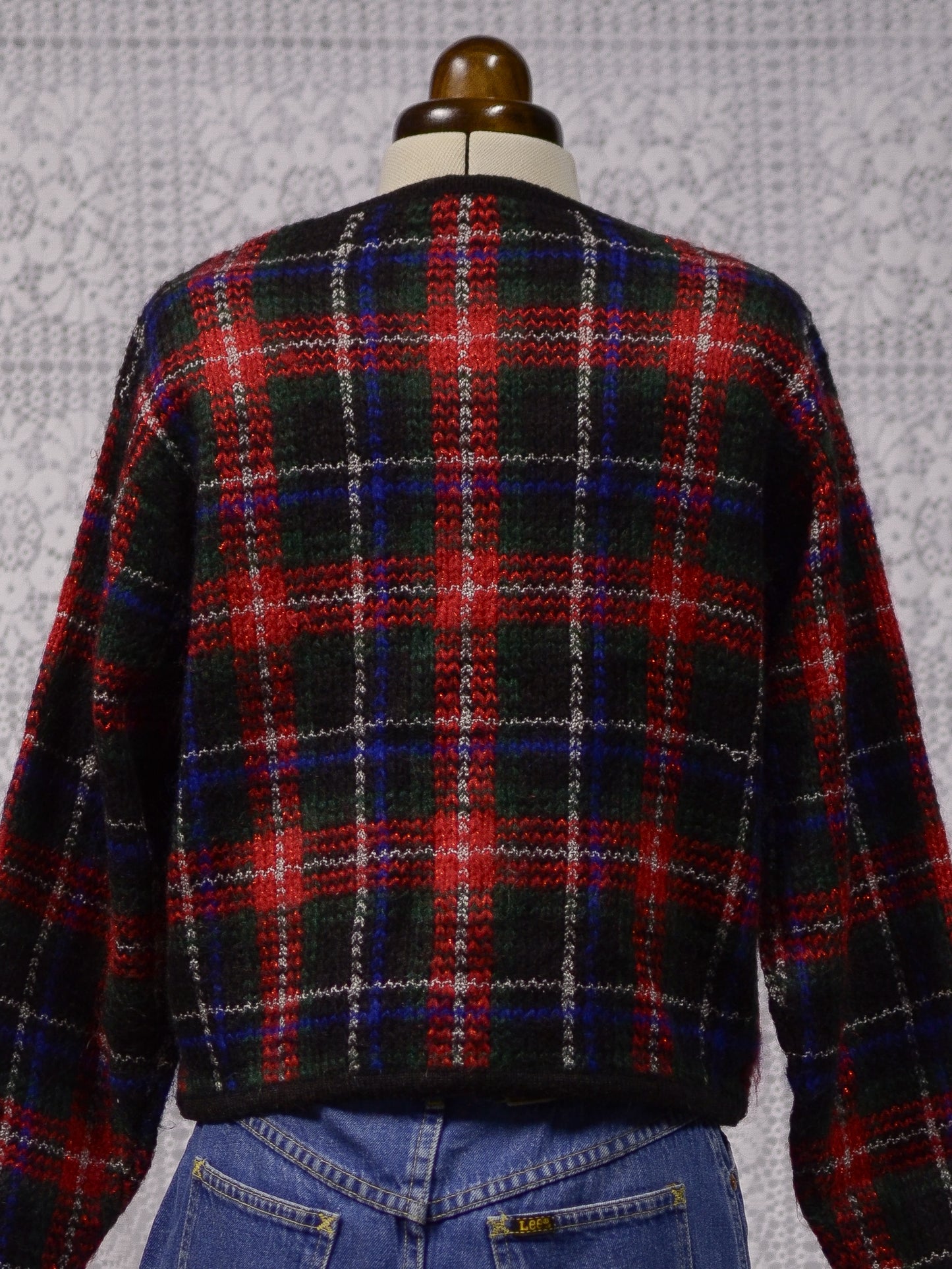 1980s red, green and blue tartan cropped cardigan