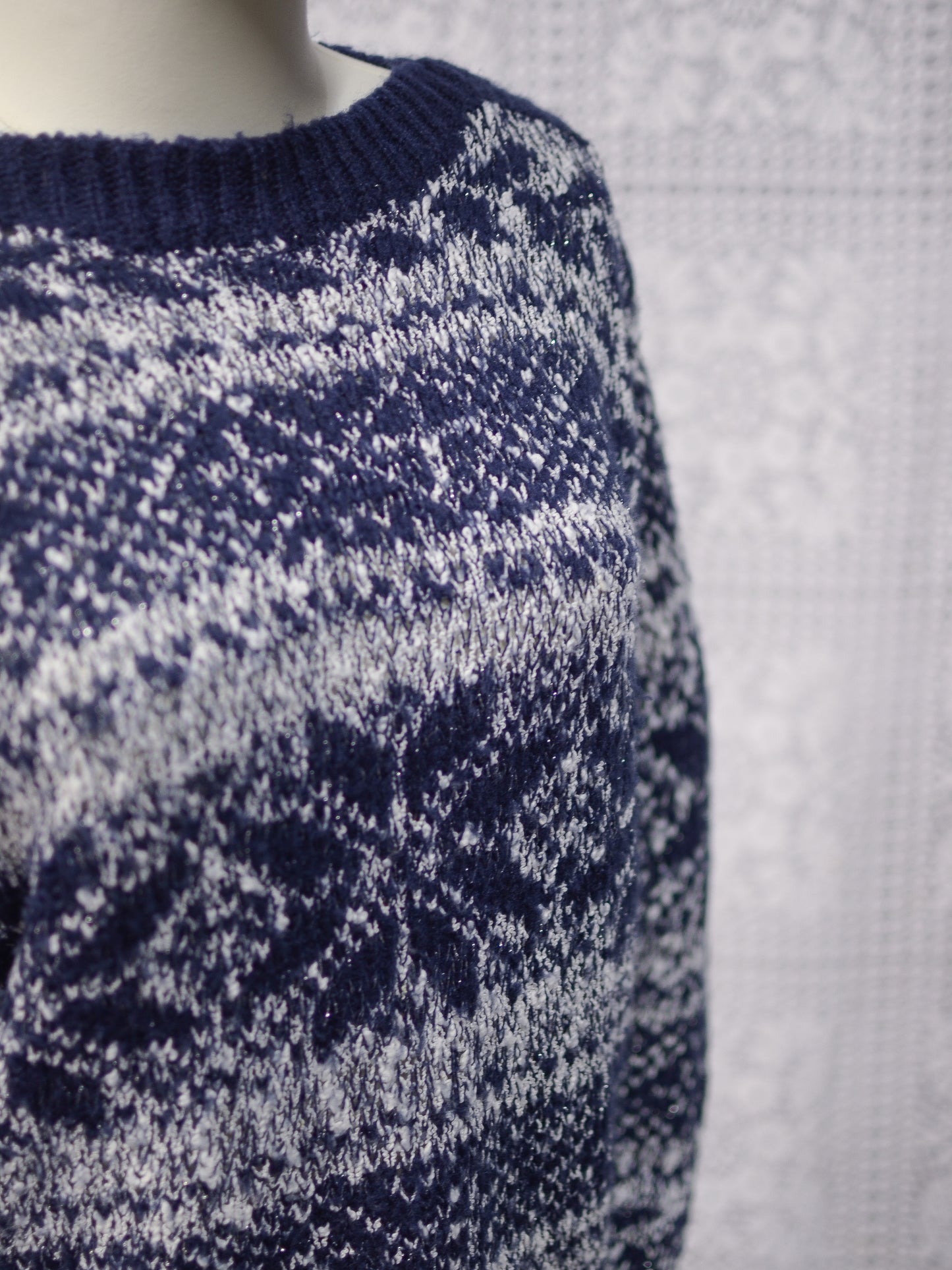 1980s C&A navy blue, white and silver snowflake festive jumper