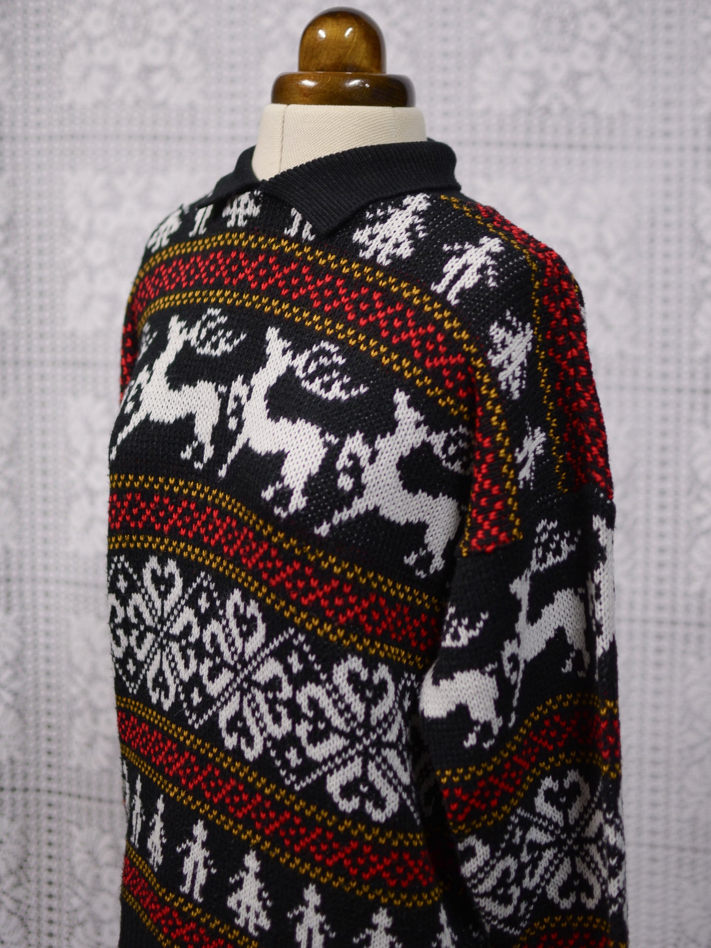 1980s black, white and red festive christmas reindeer collared jumper