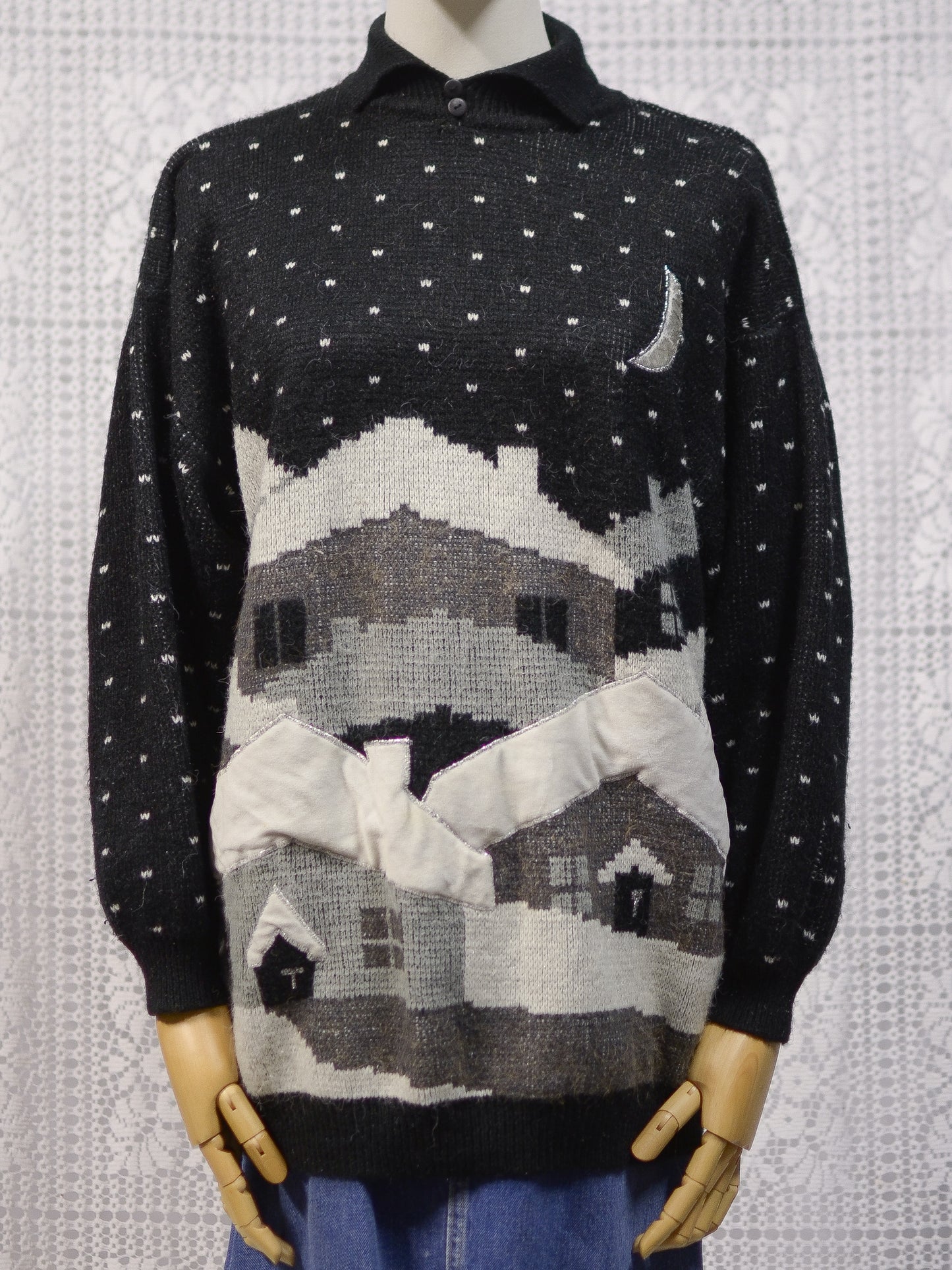 1980s black and white festive snow scene novelty collared jumper
