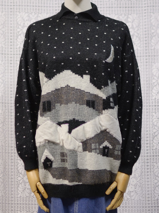 1980s black and white festive snow scene novelty collared jumper