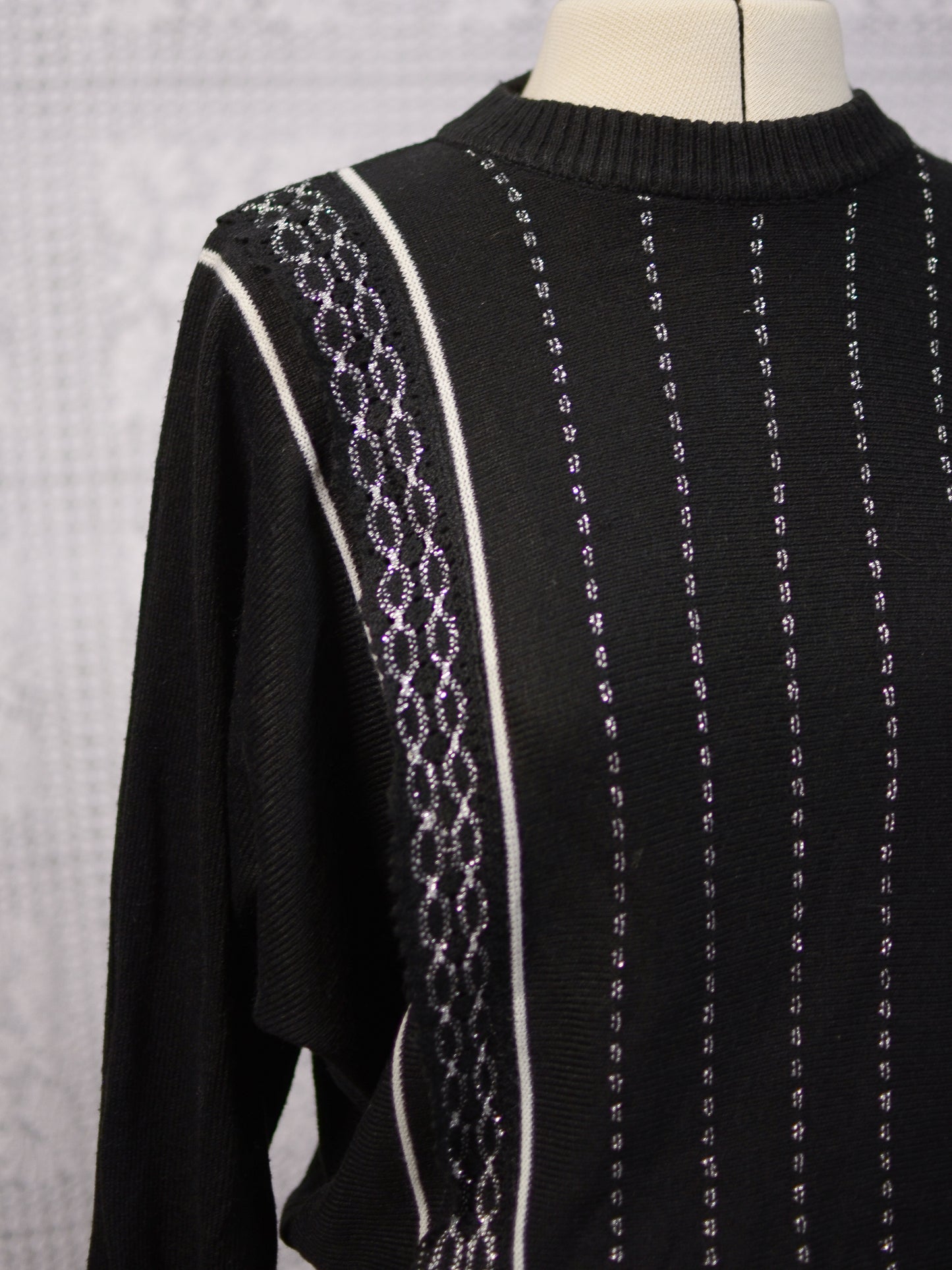 1970s black and silver metallic lace detail batwing jumper