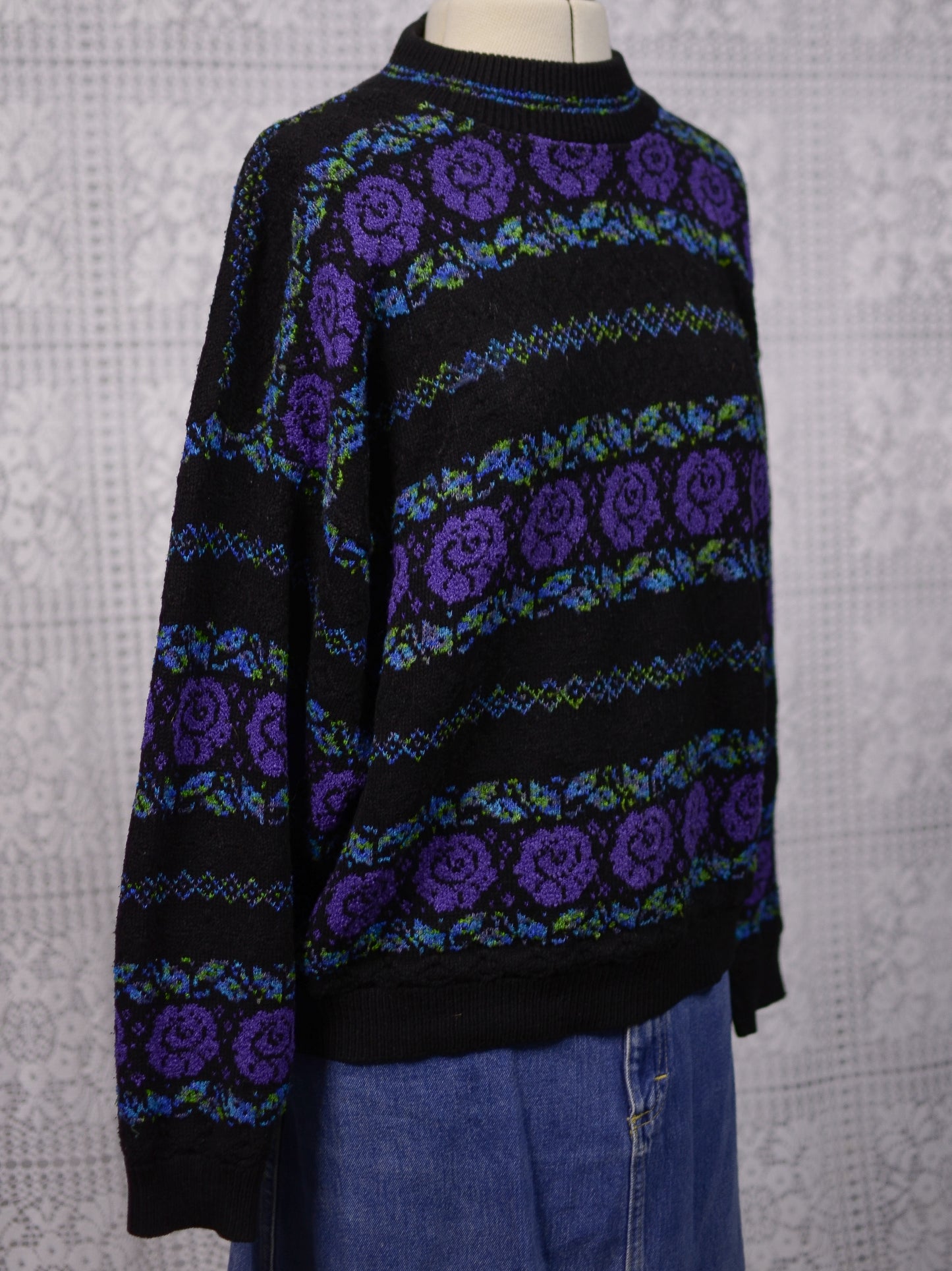 1980s black, purple and green rose floral and leaf pattern striped jumper