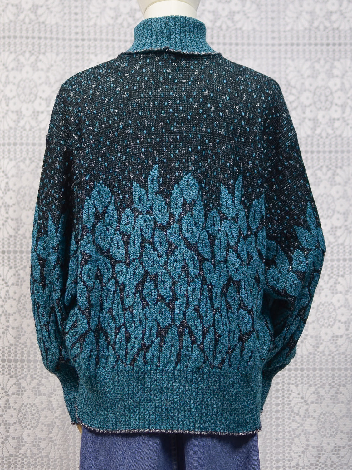 1980s teal, black and silver roll neck batwing jumper