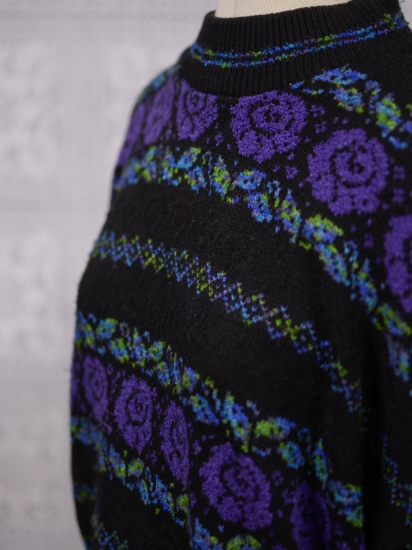 1980s black, purple and green rose floral and leaf pattern striped jumper