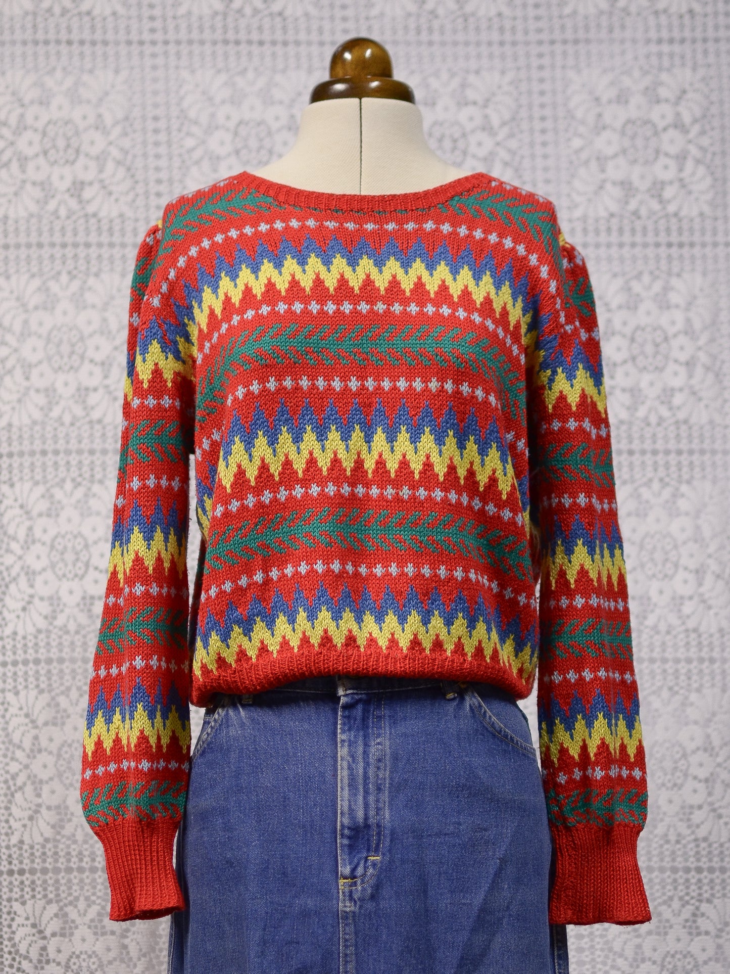 1970s 80s Edina and Lena red, yellow, green and blue hand knitted zigzag cotton jumper