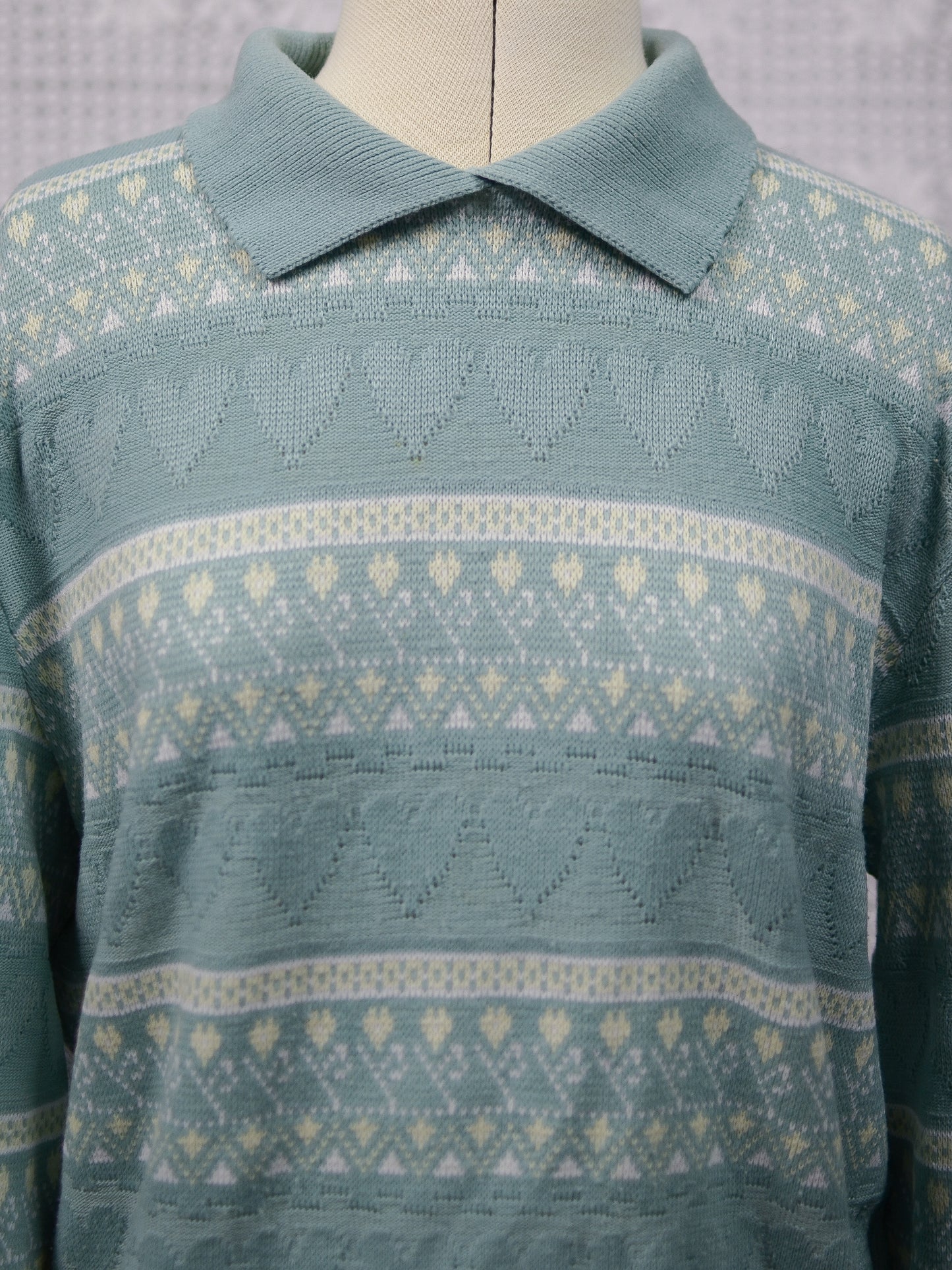 1990s mint green heart stripe patterned collared jumper