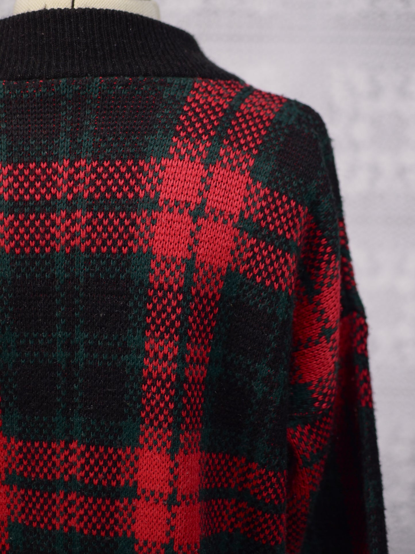 1980s C&A red, green and black tartan checked jumper