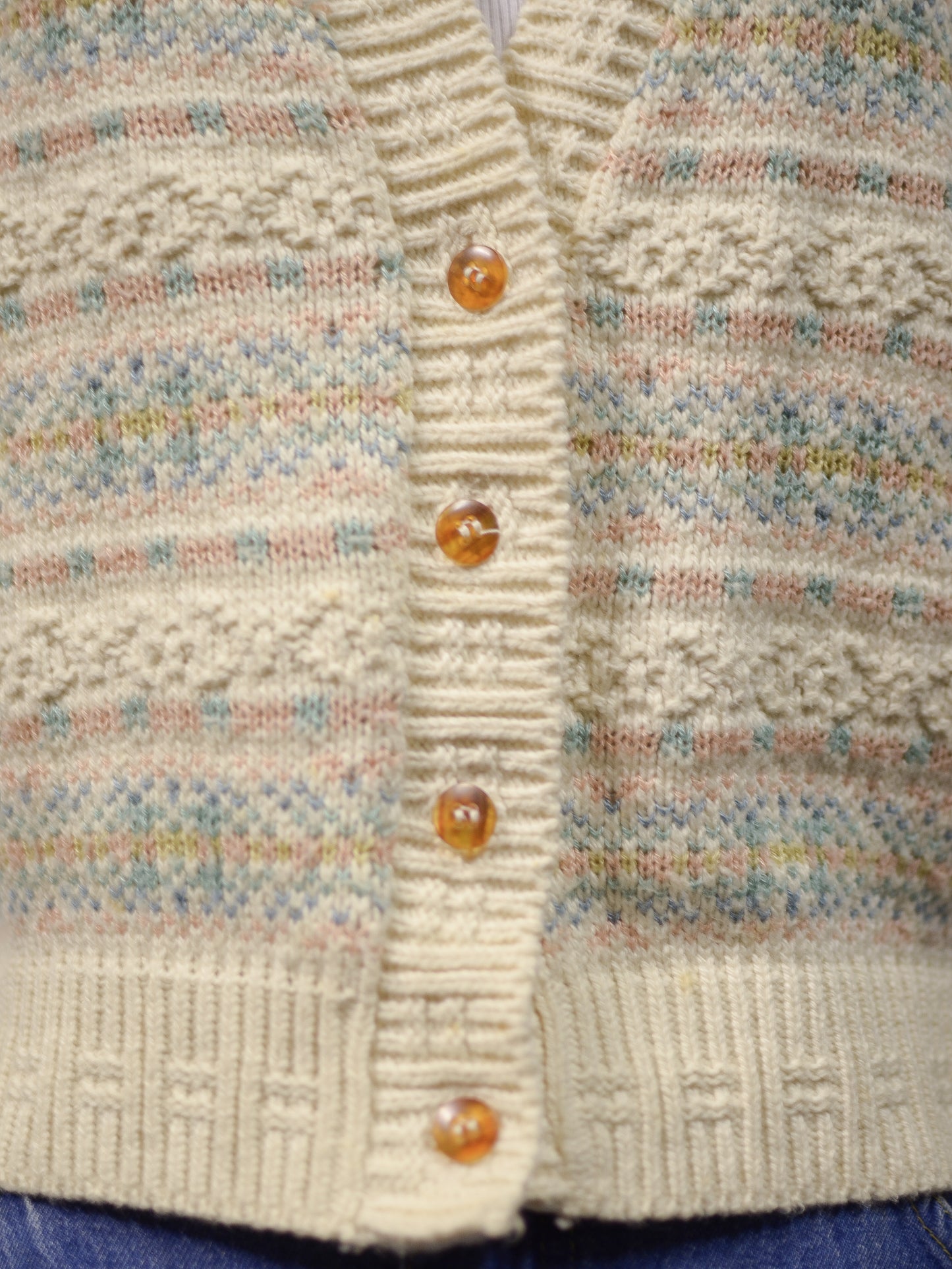 1990s BHS cream, pink and blue nordic fairisle style pattern knitted waistcoat