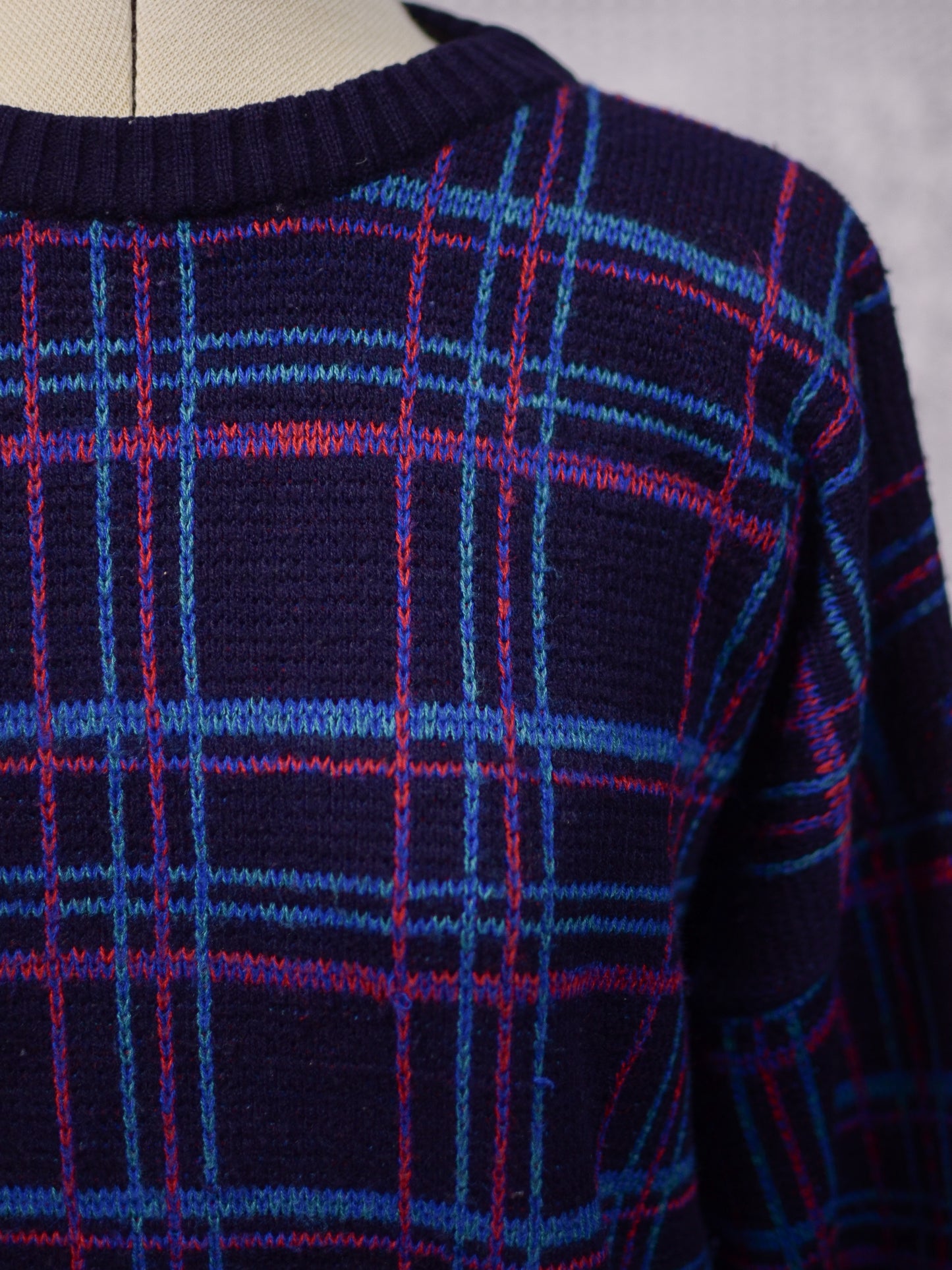 1980s navy, pink and light blue checked and rose floral pattern jumper