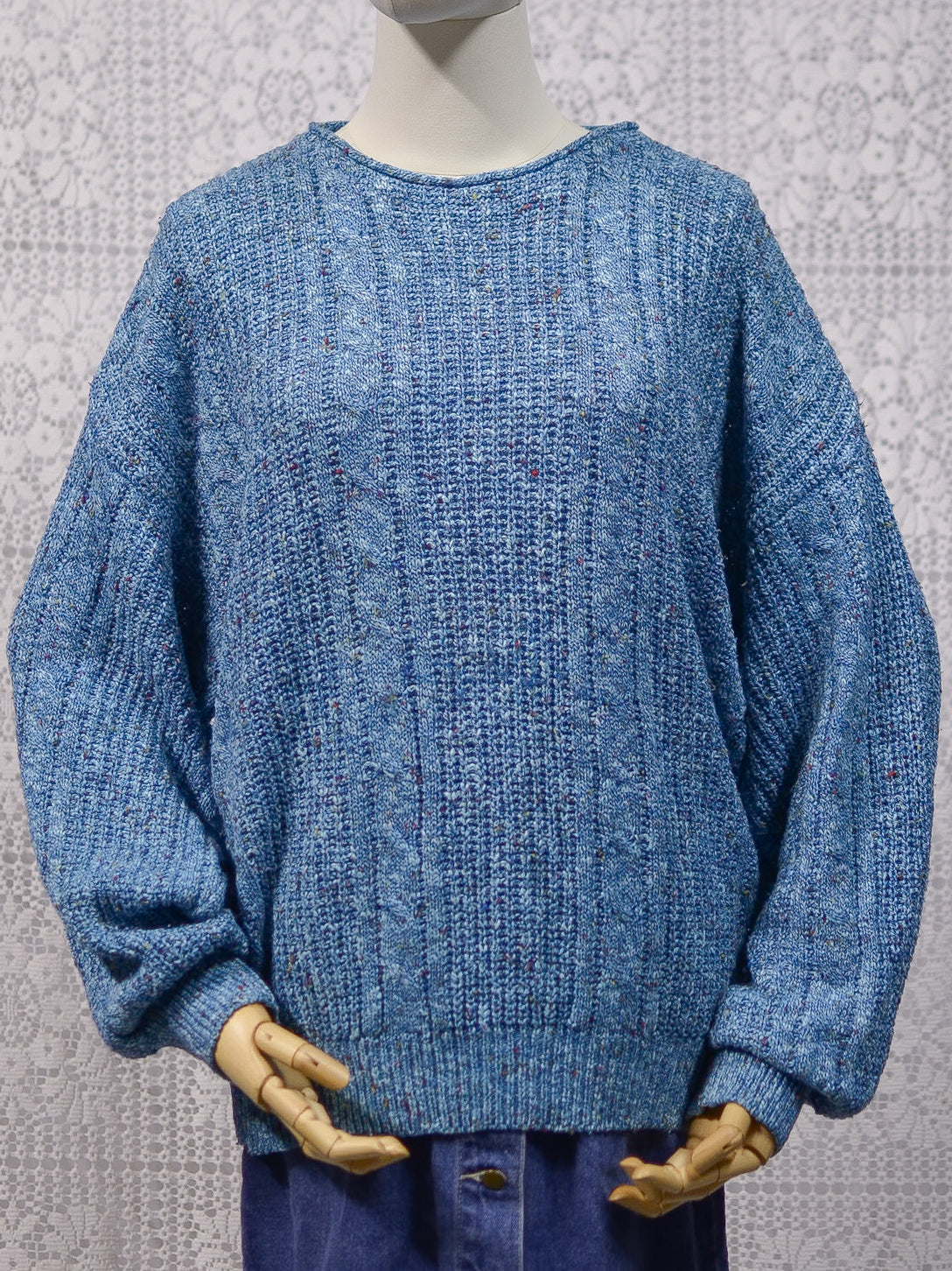 1990s blue and multicolour cotton blend cable knit slouchy jumper