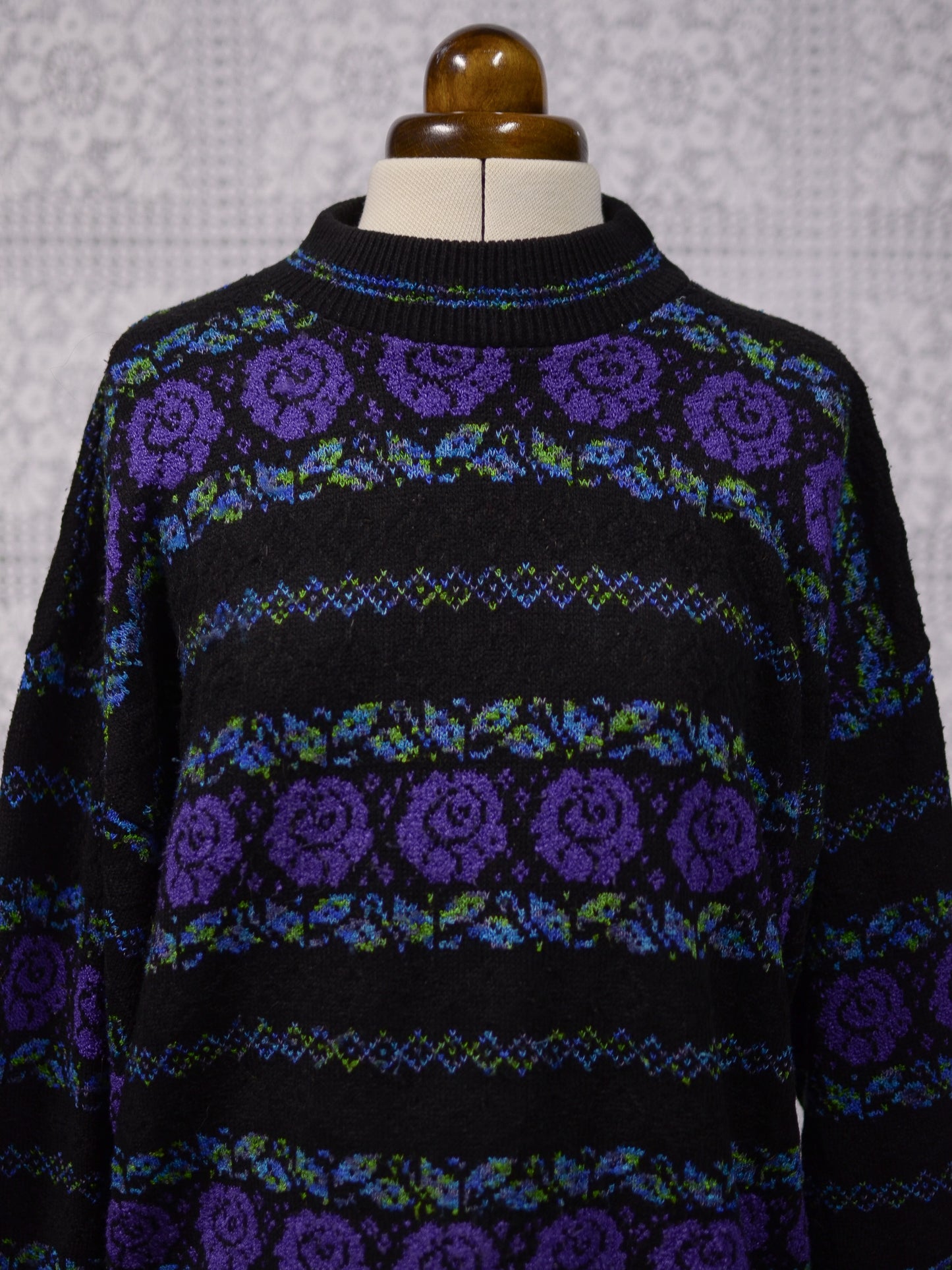 1980s black, purple and green rose floral and leaf pattern striped jumper