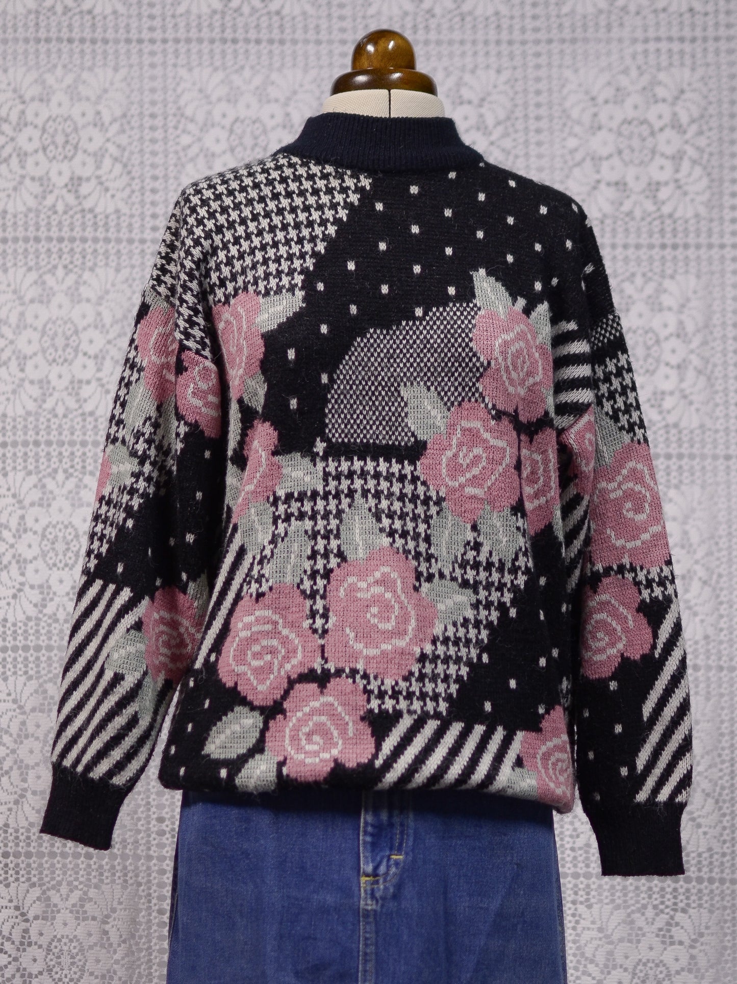 1980s Honey black, white and rose pink floral, polkadot and houndstooth long jumper